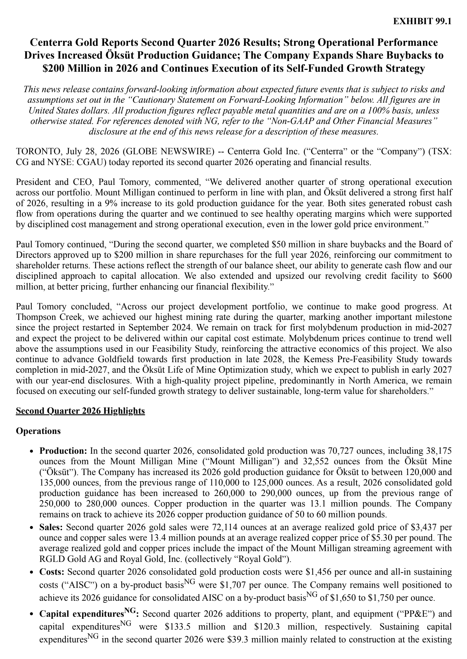 Centerra Gold's Q2 2026 Press Release
