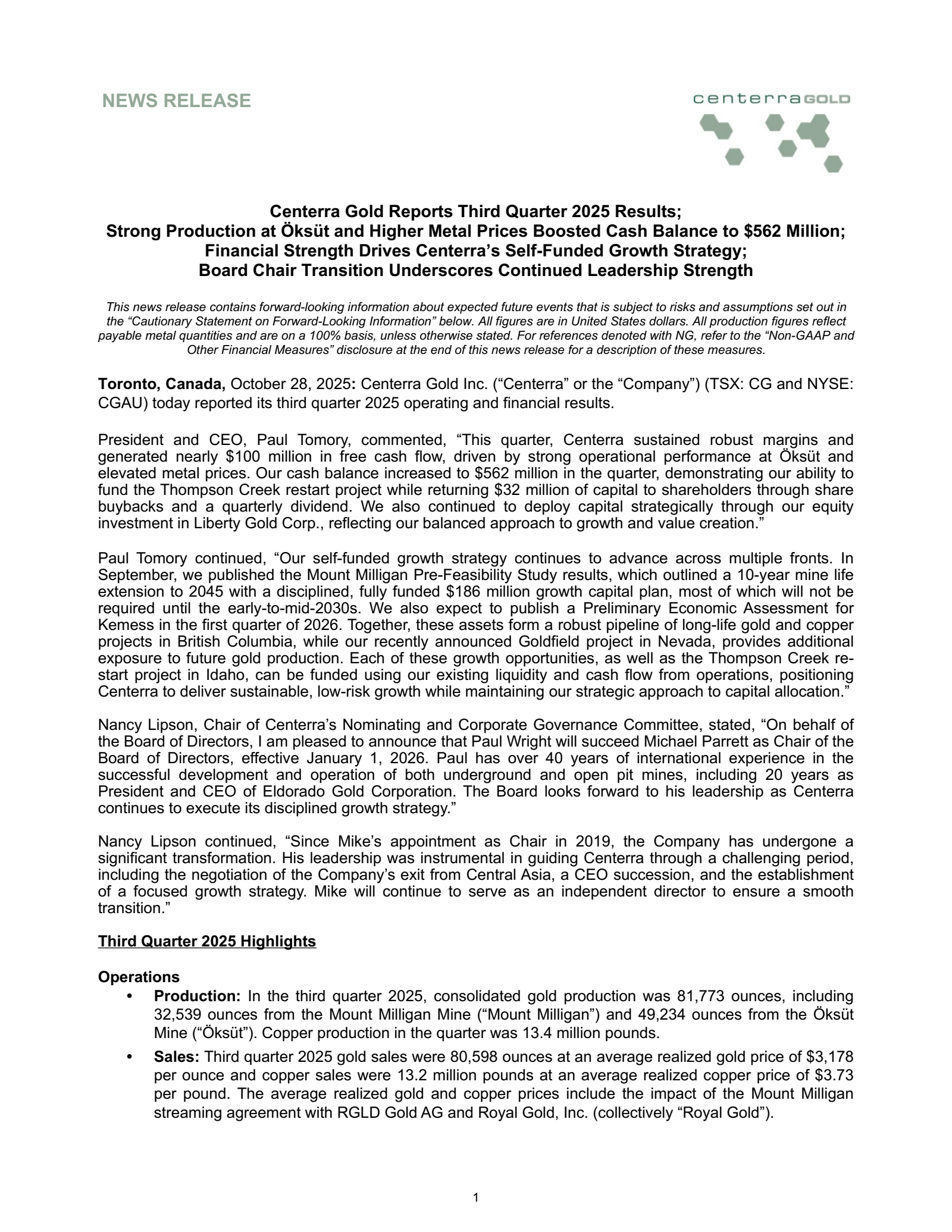Centerra Gold's Q3 2025 Earnings Release