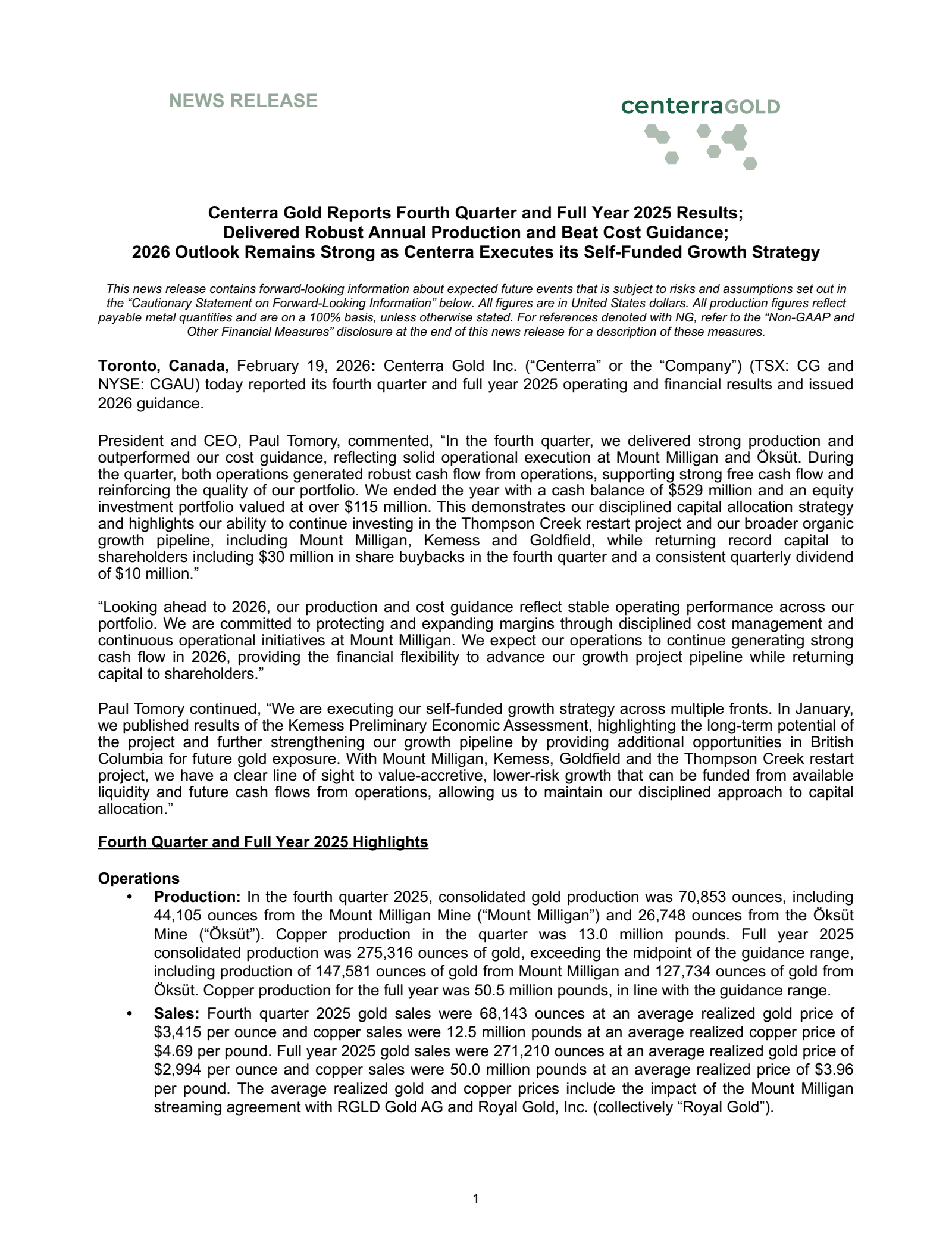 Centerra Gold's Q4 2025 Press Release