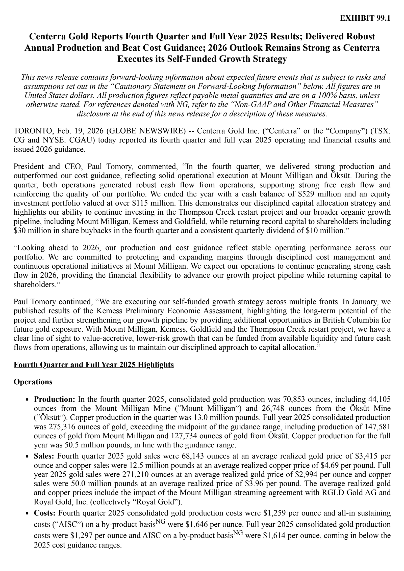 Centerra Gold's Q4 2025 Press Release