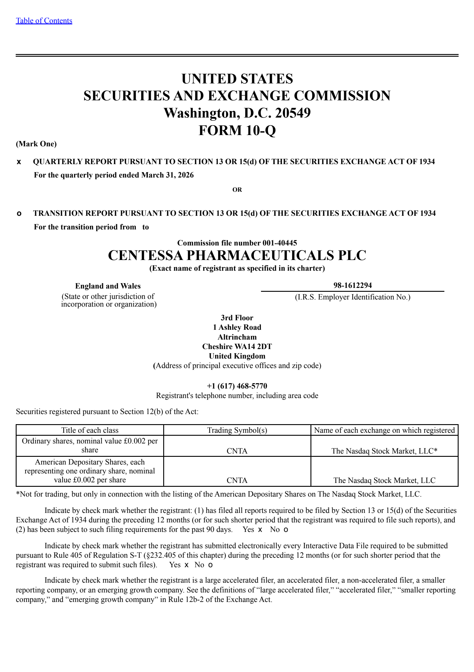 Centessa Pharmaceuticals' Q1 2026 Quarterly report