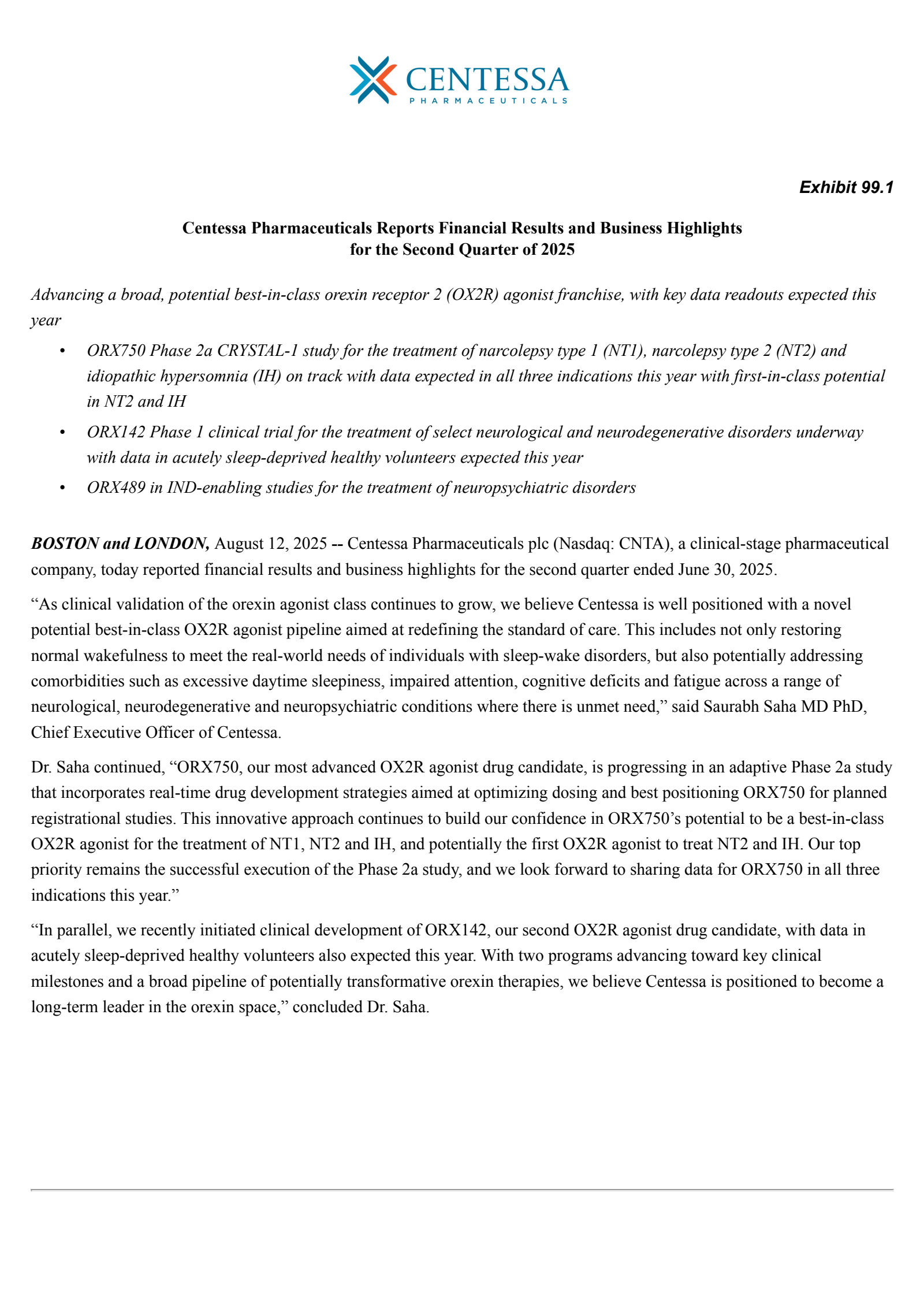 Centessa Pharmaceuticals' Q2 2025 Press Release
