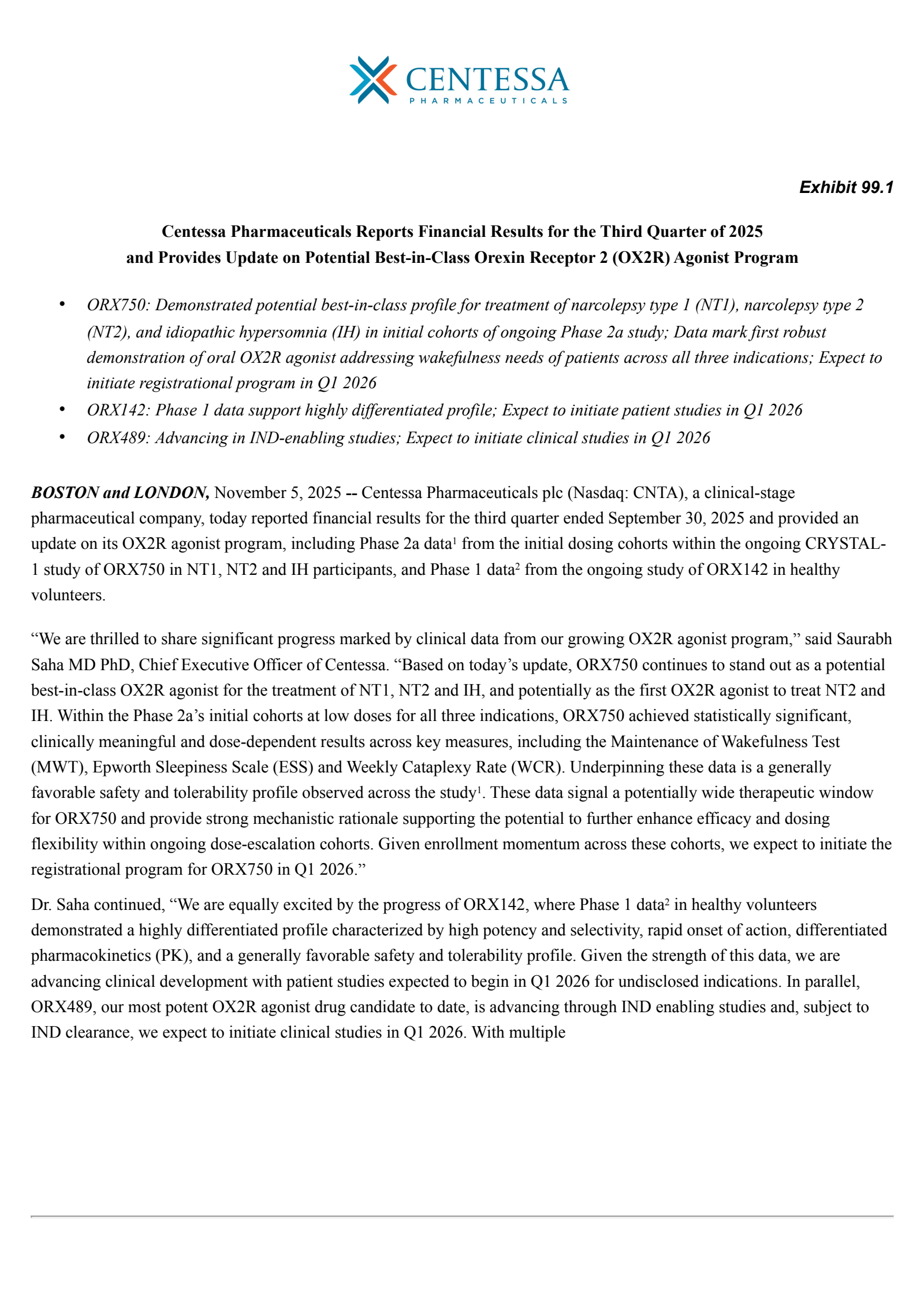 Centessa Pharmaceuticals' Q3 2025 Earnings Release