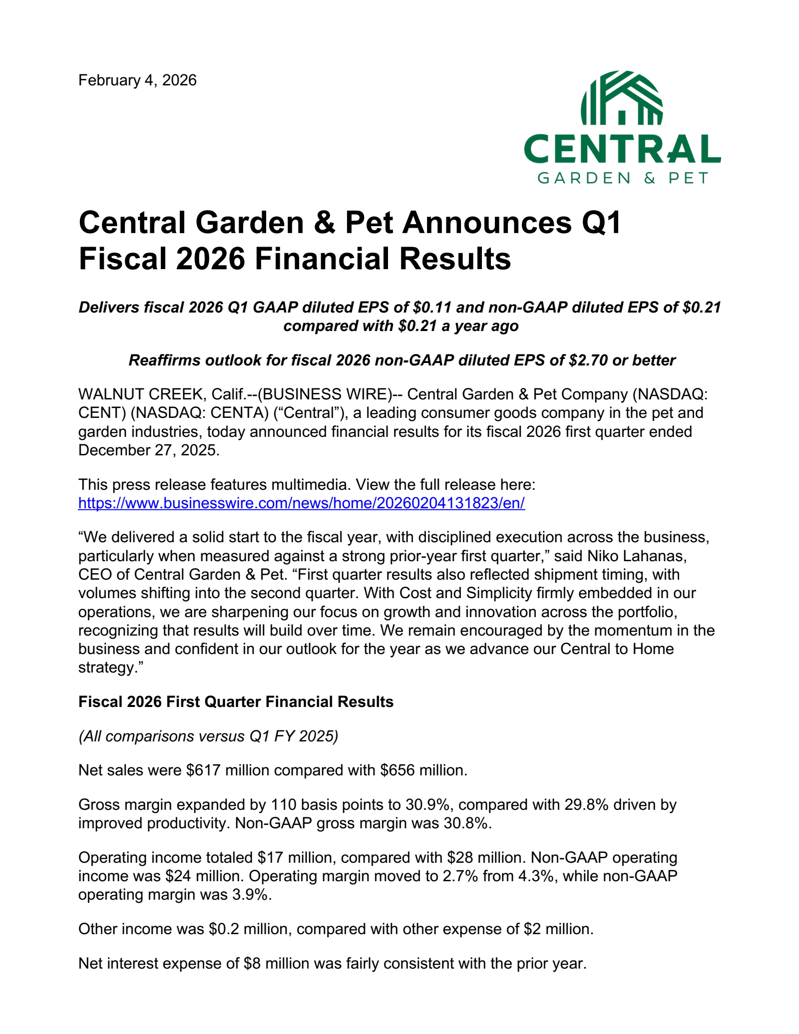 Central Garden & Pet's Q1 2026 Press Release