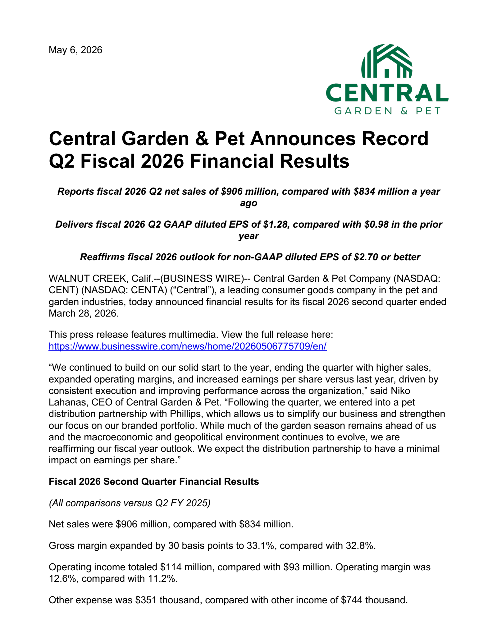 Central Garden & Pet's Q2 2026 Press Release