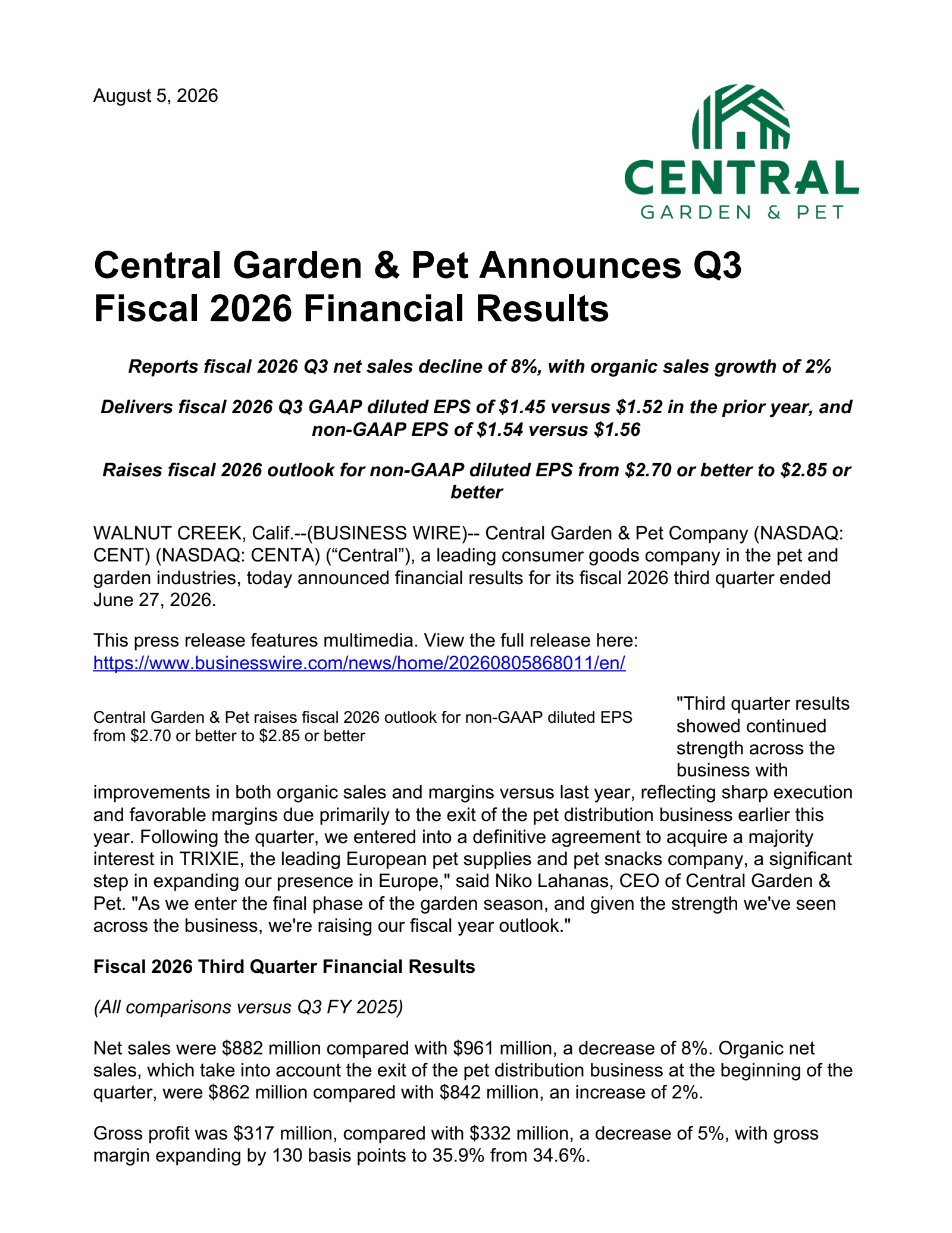 Central Garden & Pet's Q3 2026 Press Release