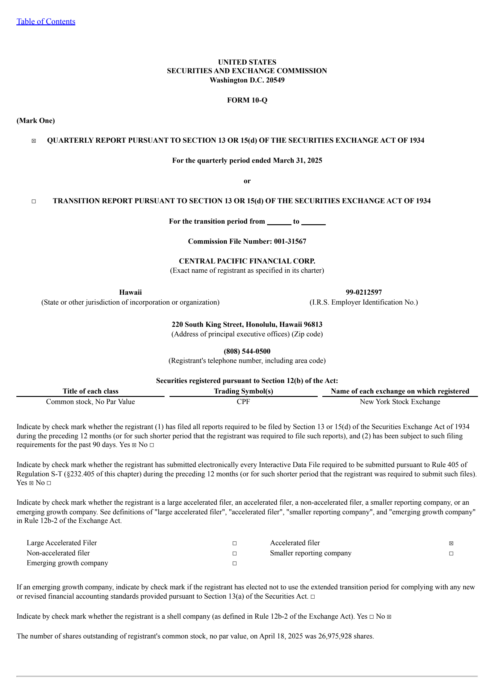 Central Pacific Financial's Q1 2025 Quarterly report