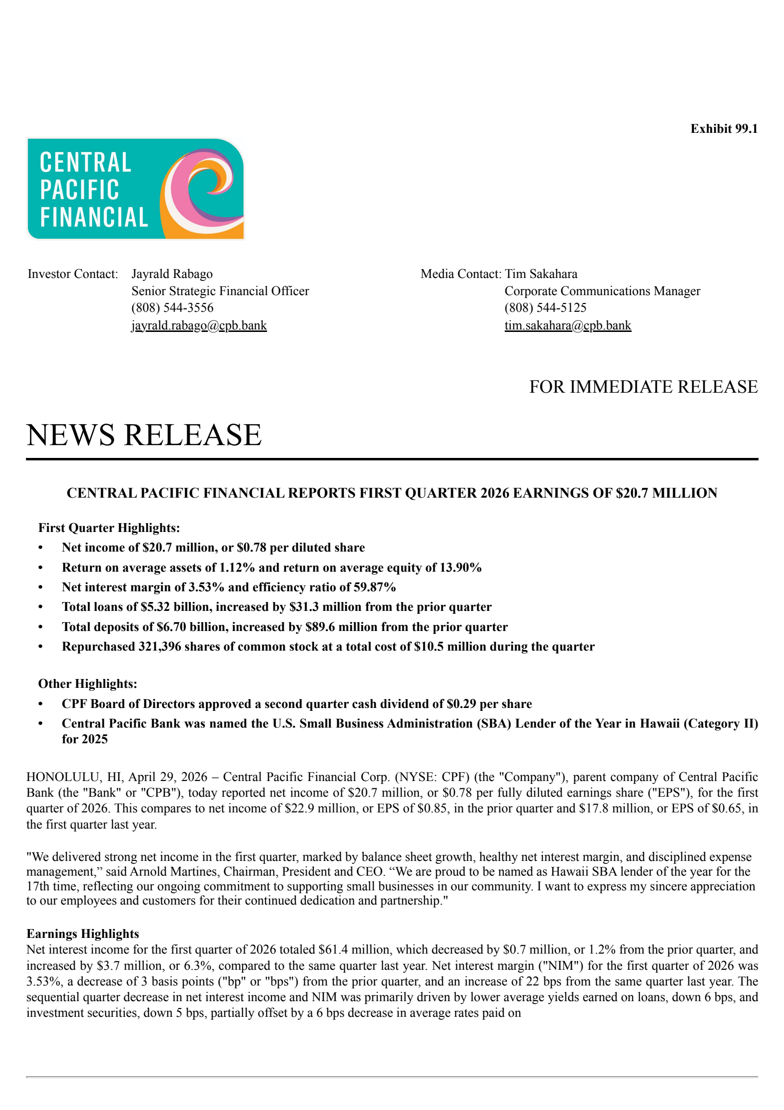 CPB's Q1 2026 Press Release