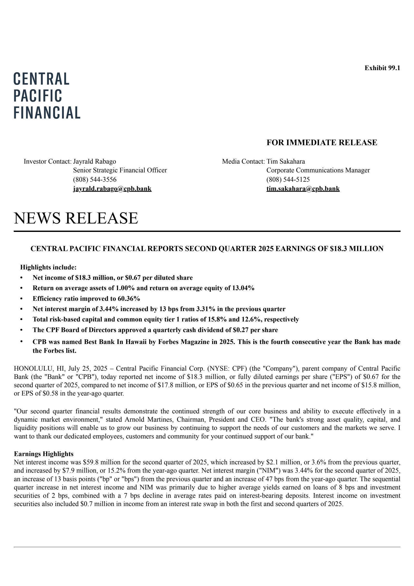 CPB's Q2 2025 Press Release