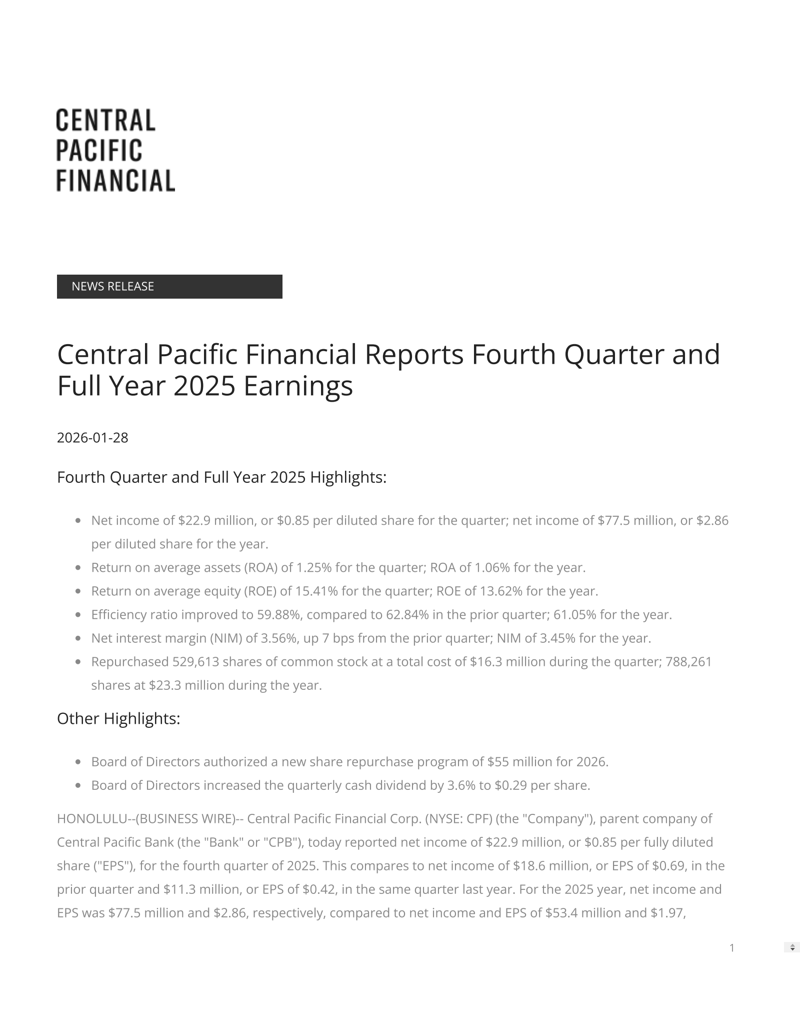 CPB's Q4 2025 Press Release