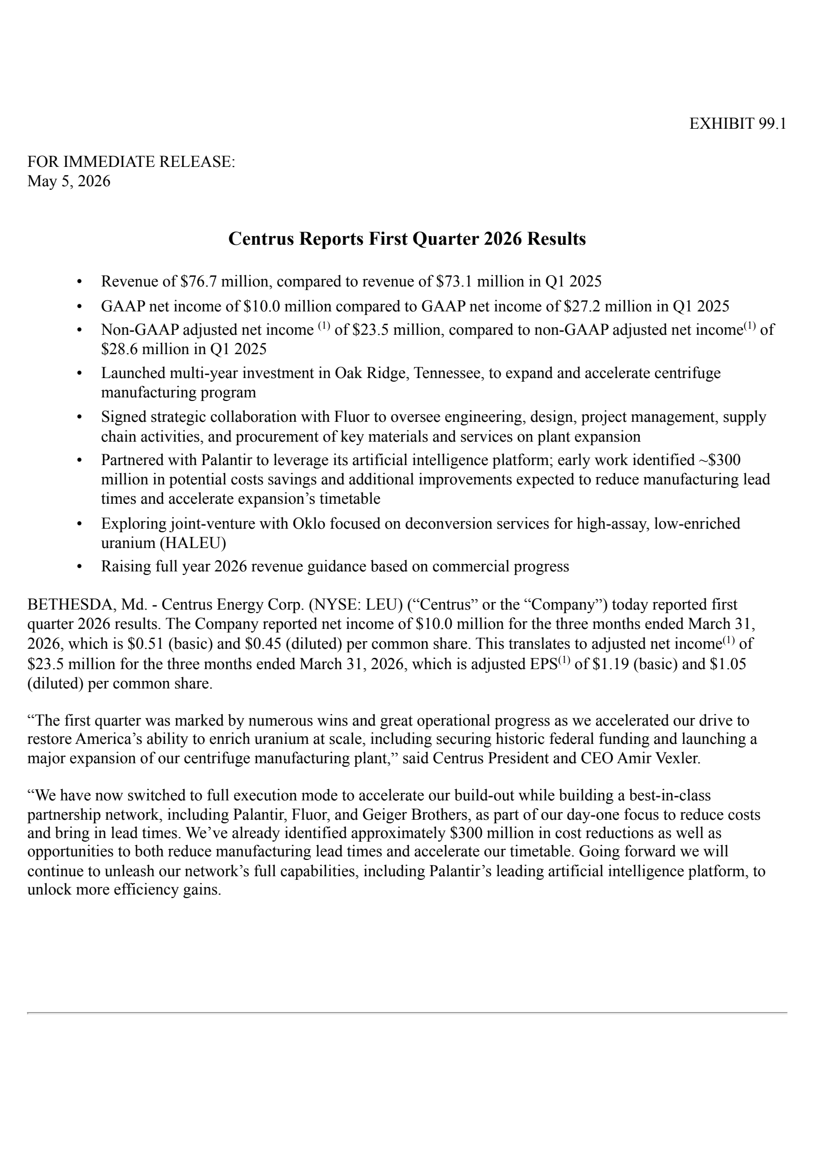 Centrus Energy's Q1 2026 Press Release