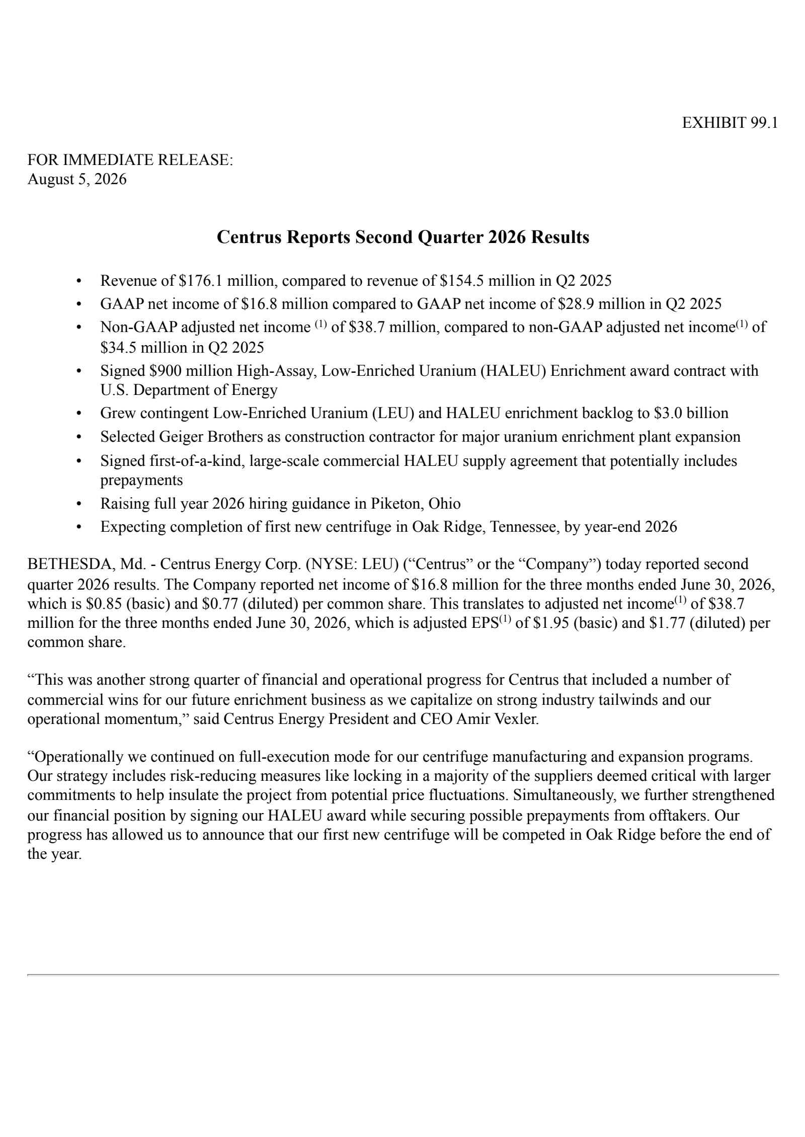 Centrus Energy's Q2 2026 Press Release