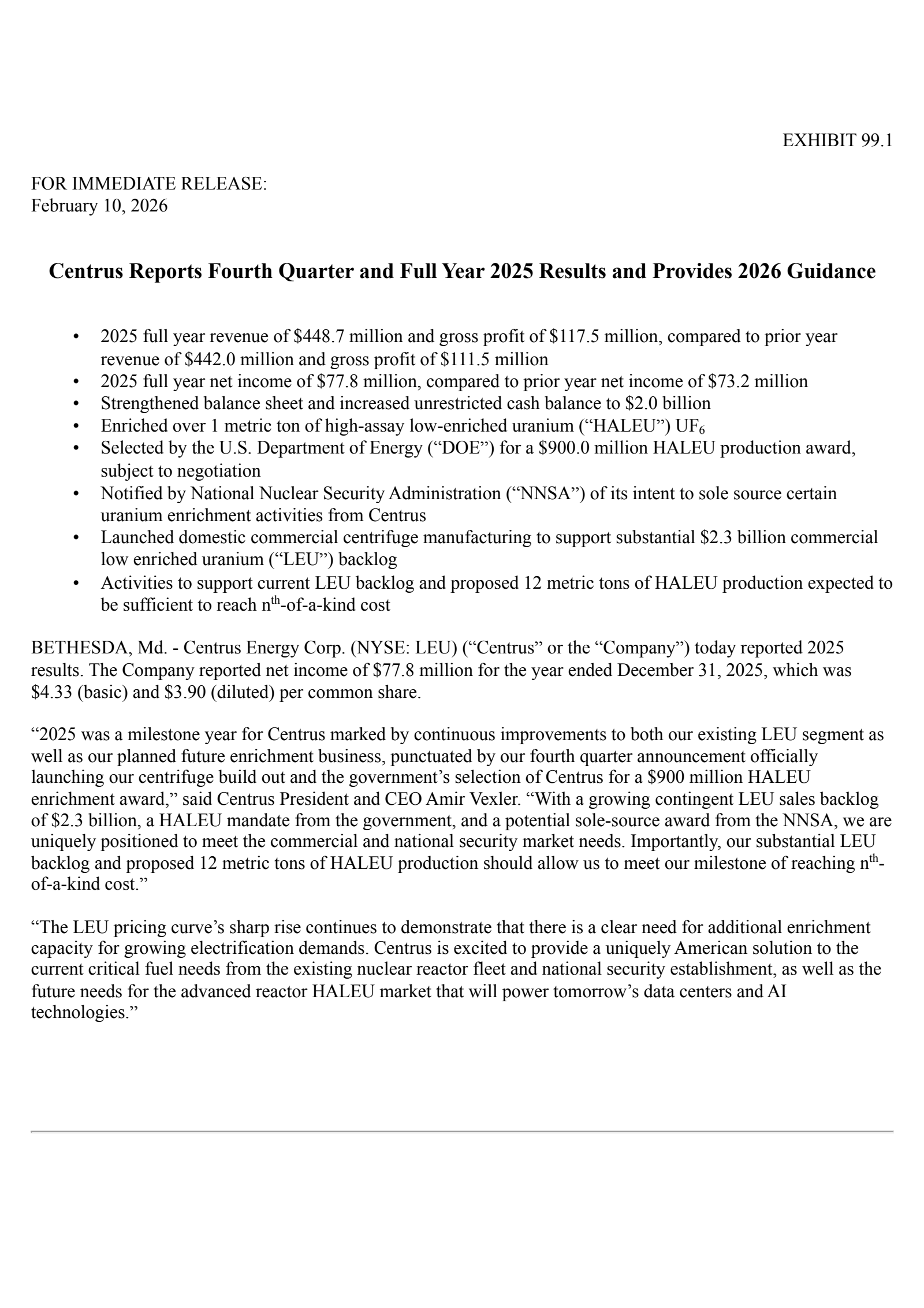 Centrus Energy's Q4 2025 Press Release
