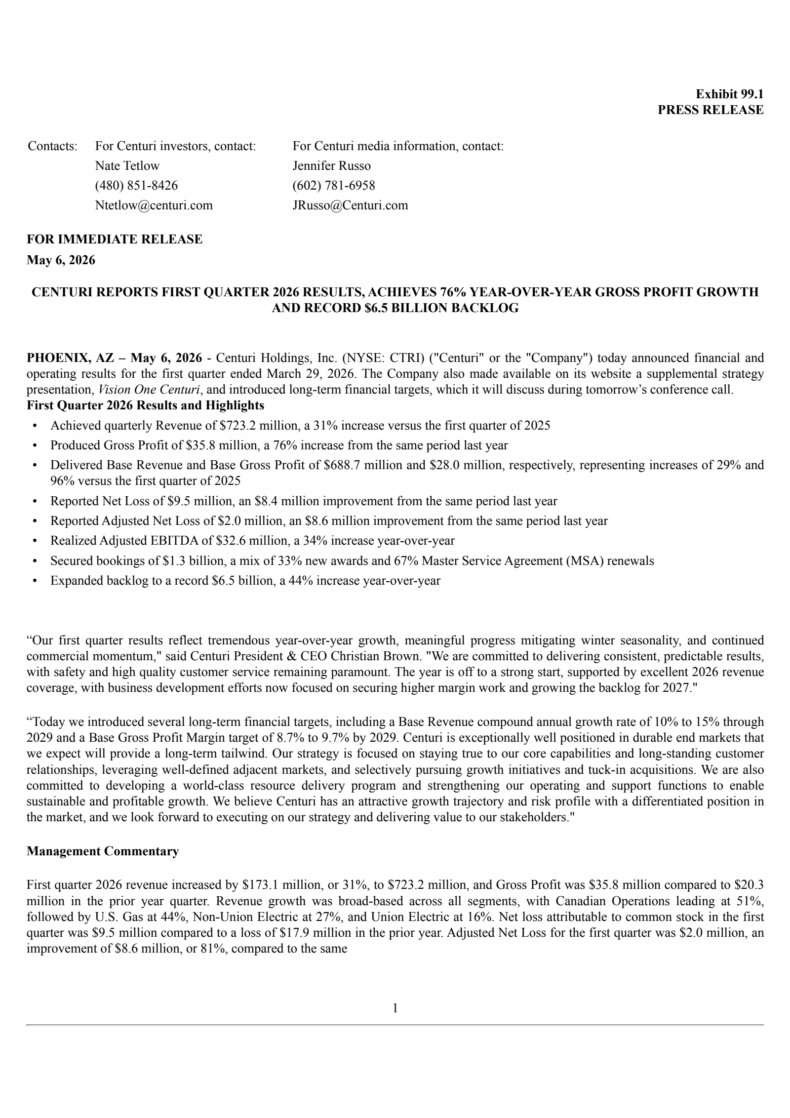 Centuri's Q1 2026 Press Release