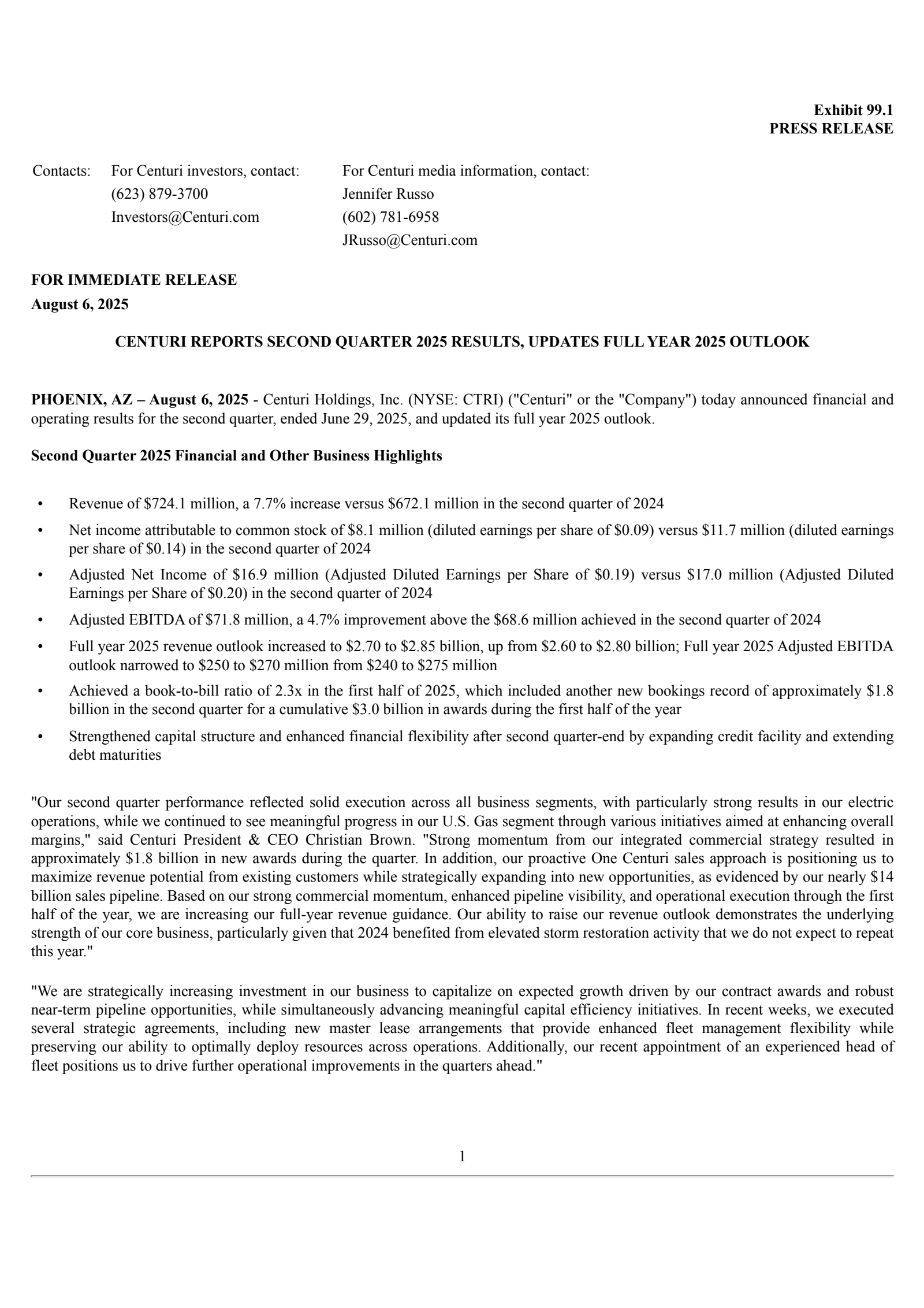Centuri's Q2 2025 Press Release