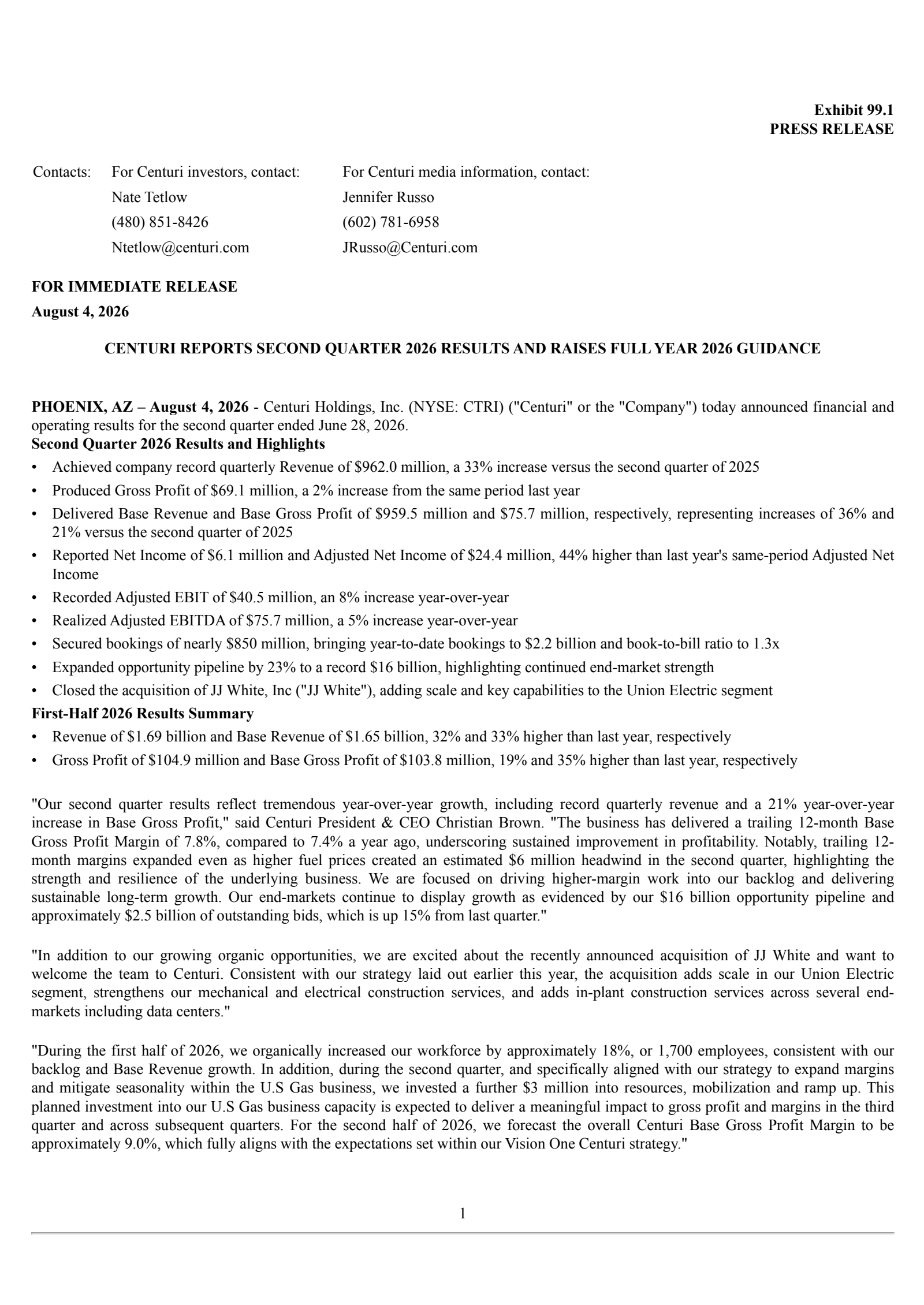 Centuri's Q2 2026 Press Release