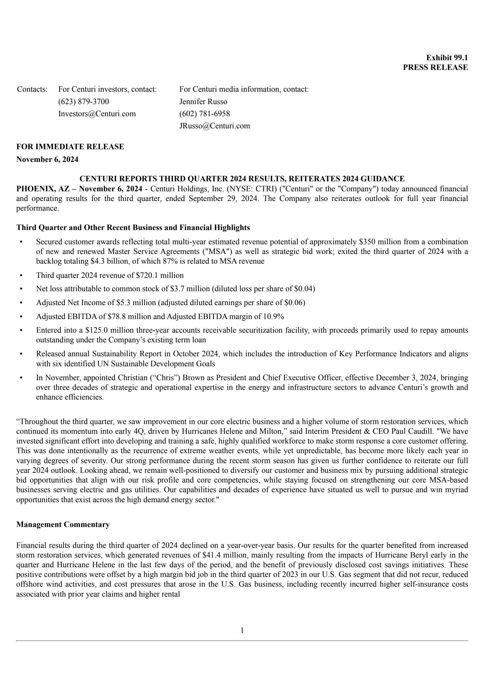 Centuri's Q3 2024 Press Release