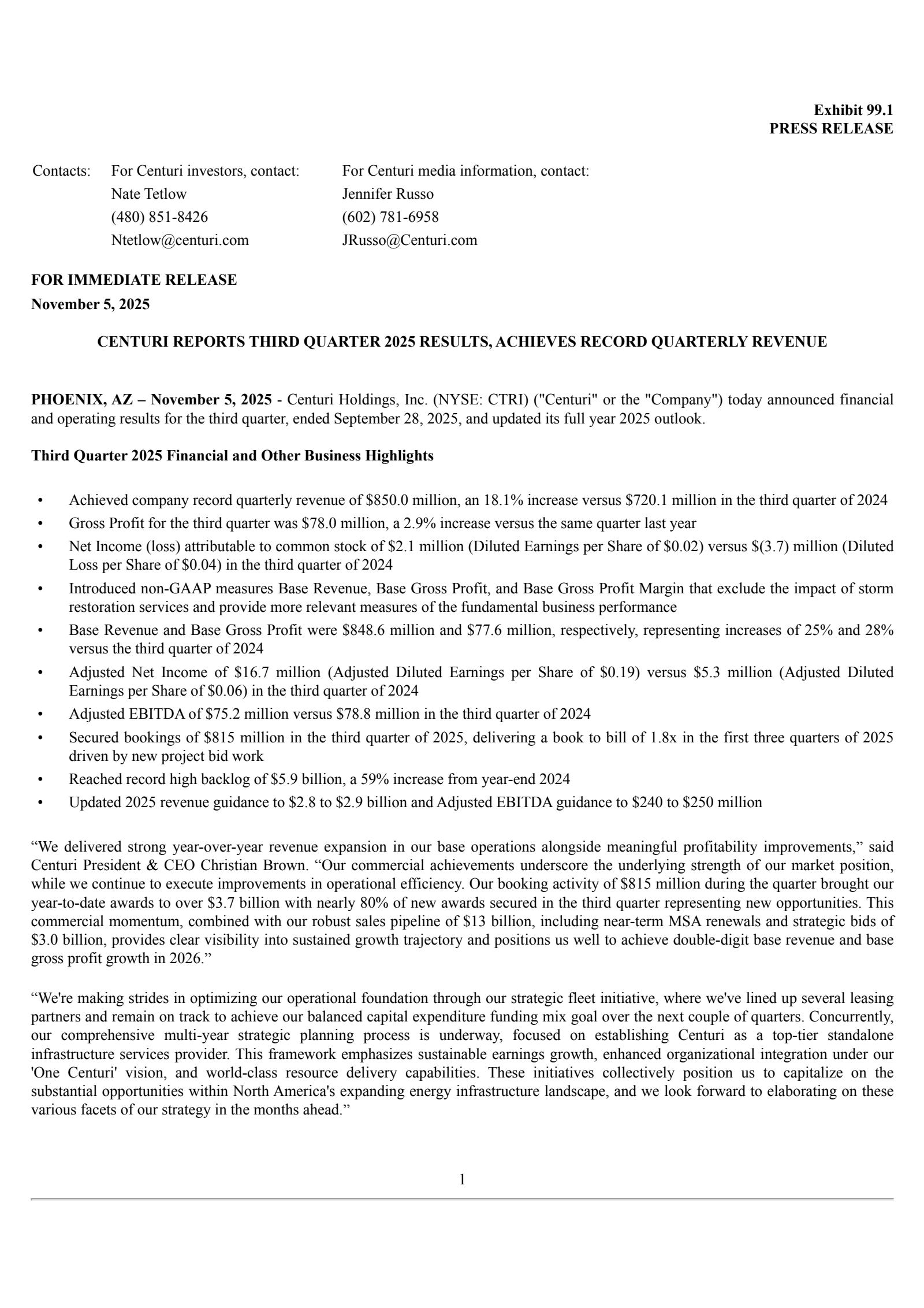 Centuri's Q3 2025 Earnings Release