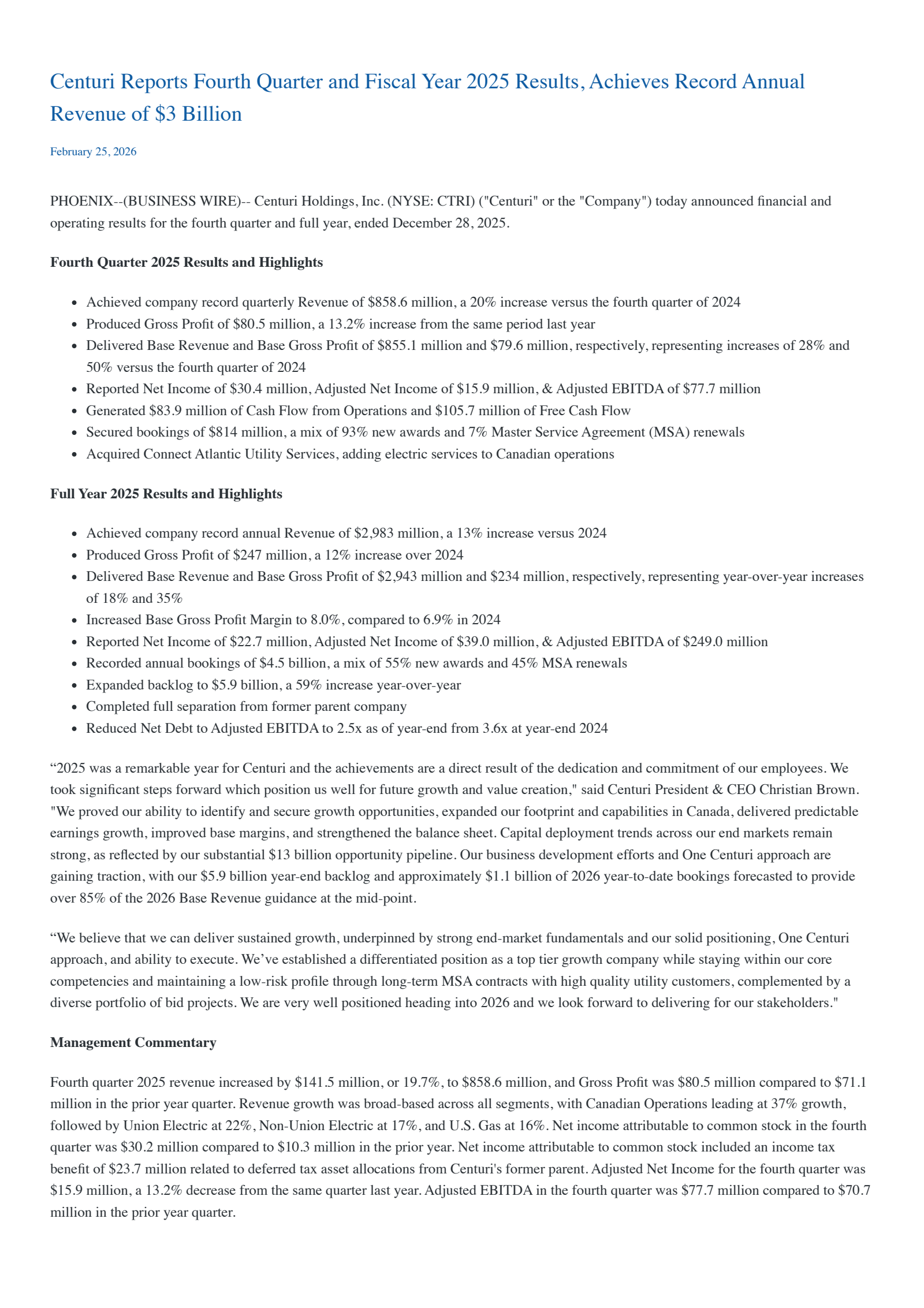 Centuri's Q4 2025 Press Release