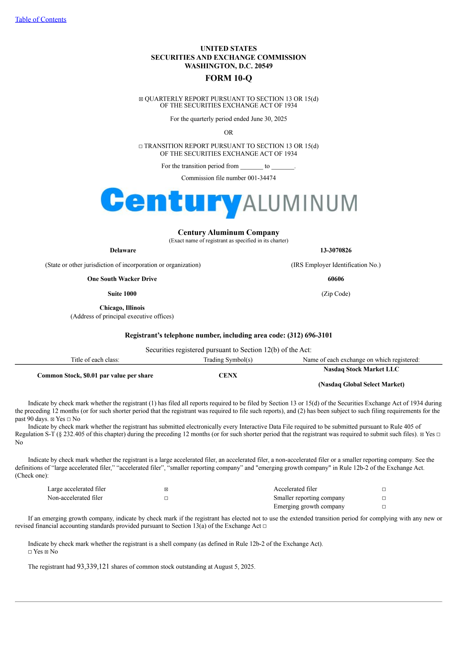 Century Aluminum's Q2 2025 Quarterly report