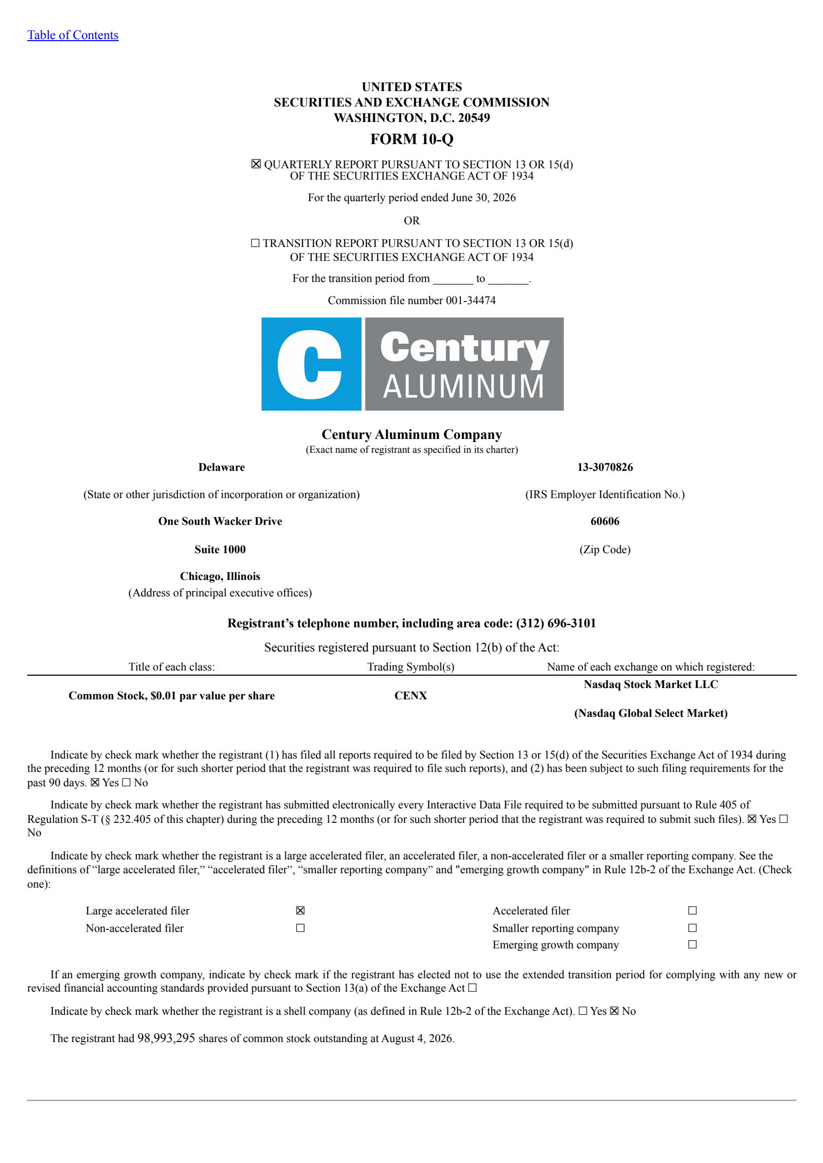 Century Aluminum's Q2 2026 Quarterly report