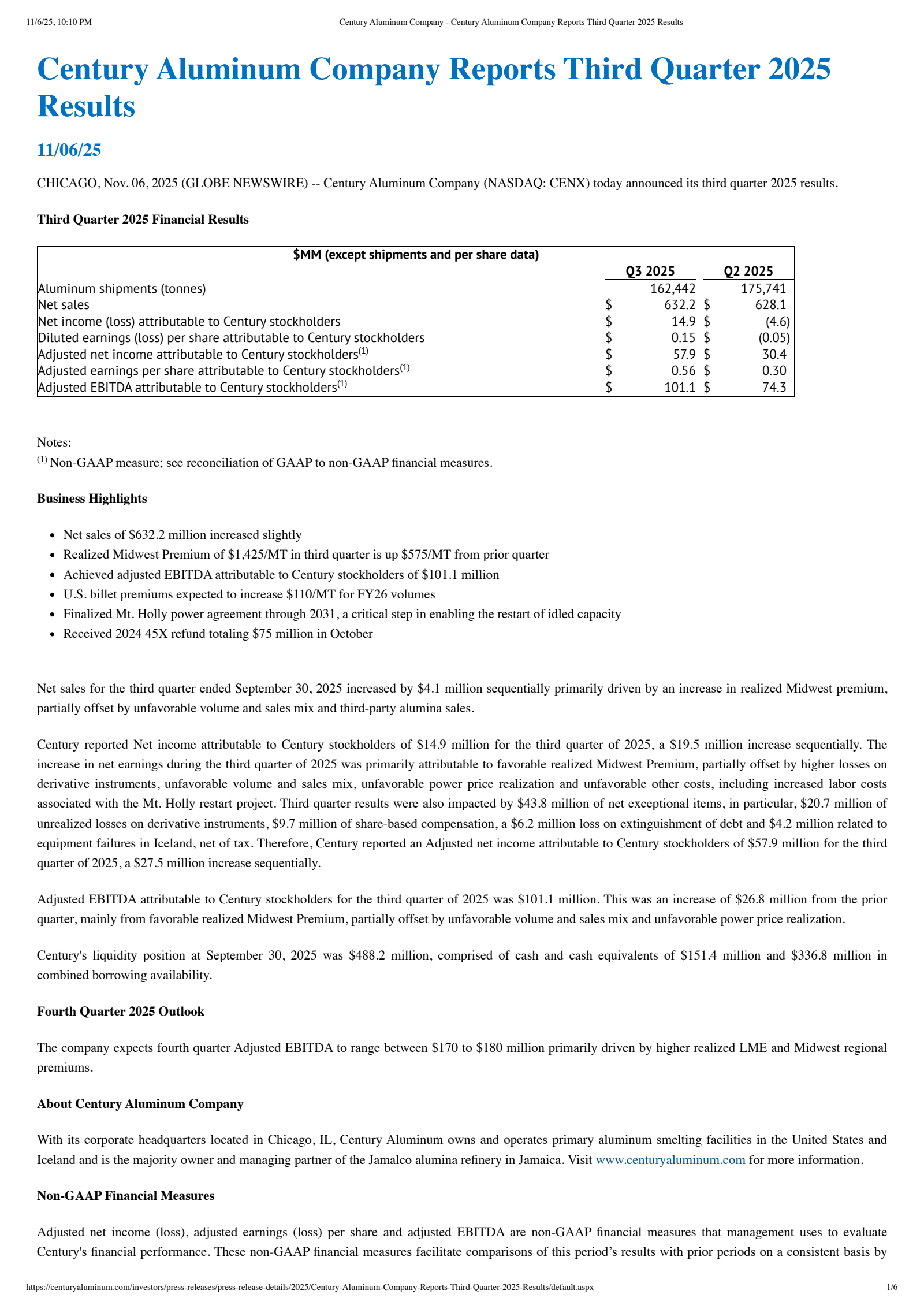 Century Aluminum's Q3 2025 Earnings Release
