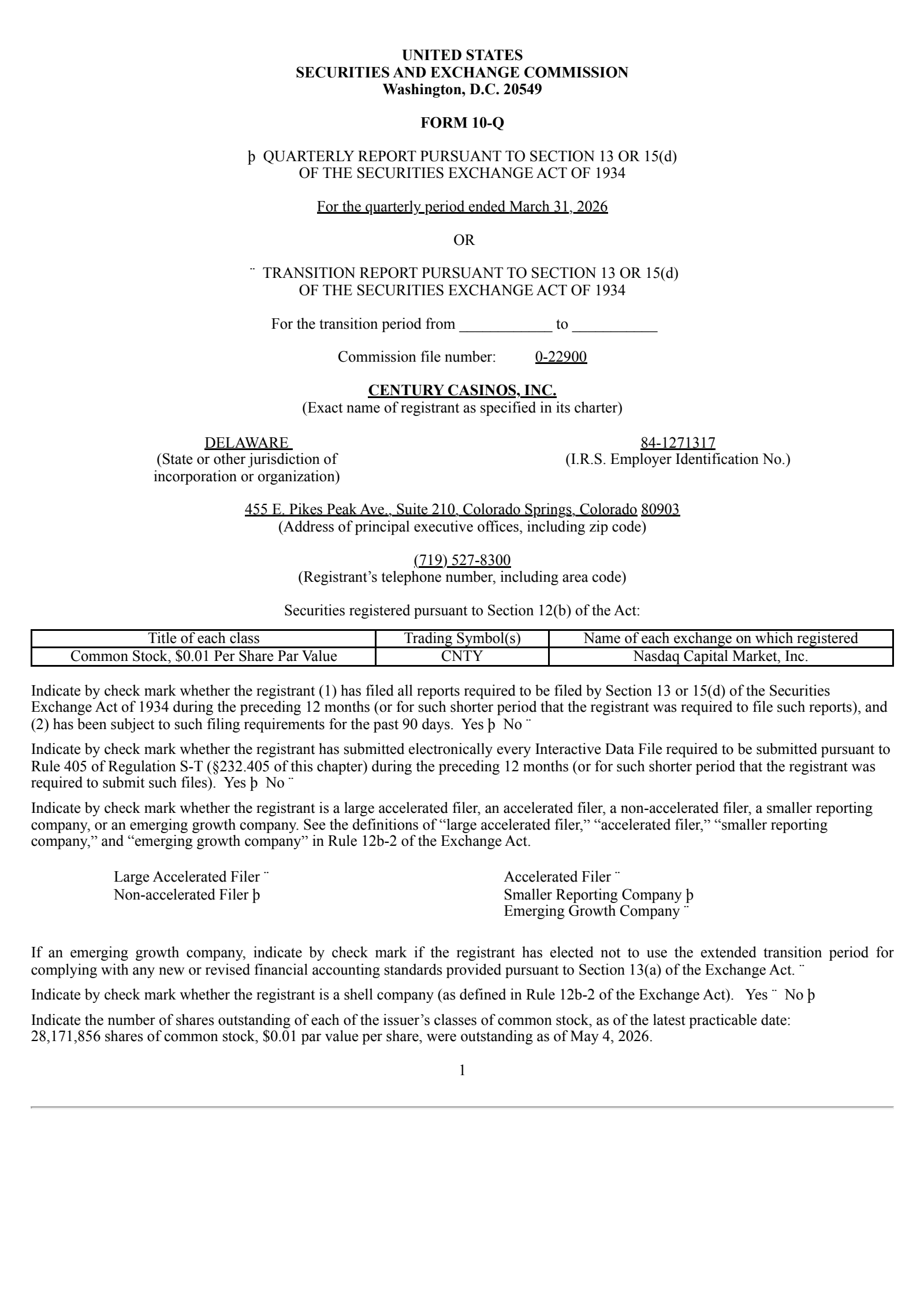 Century Casinos' Q1 2026 Quarterly report