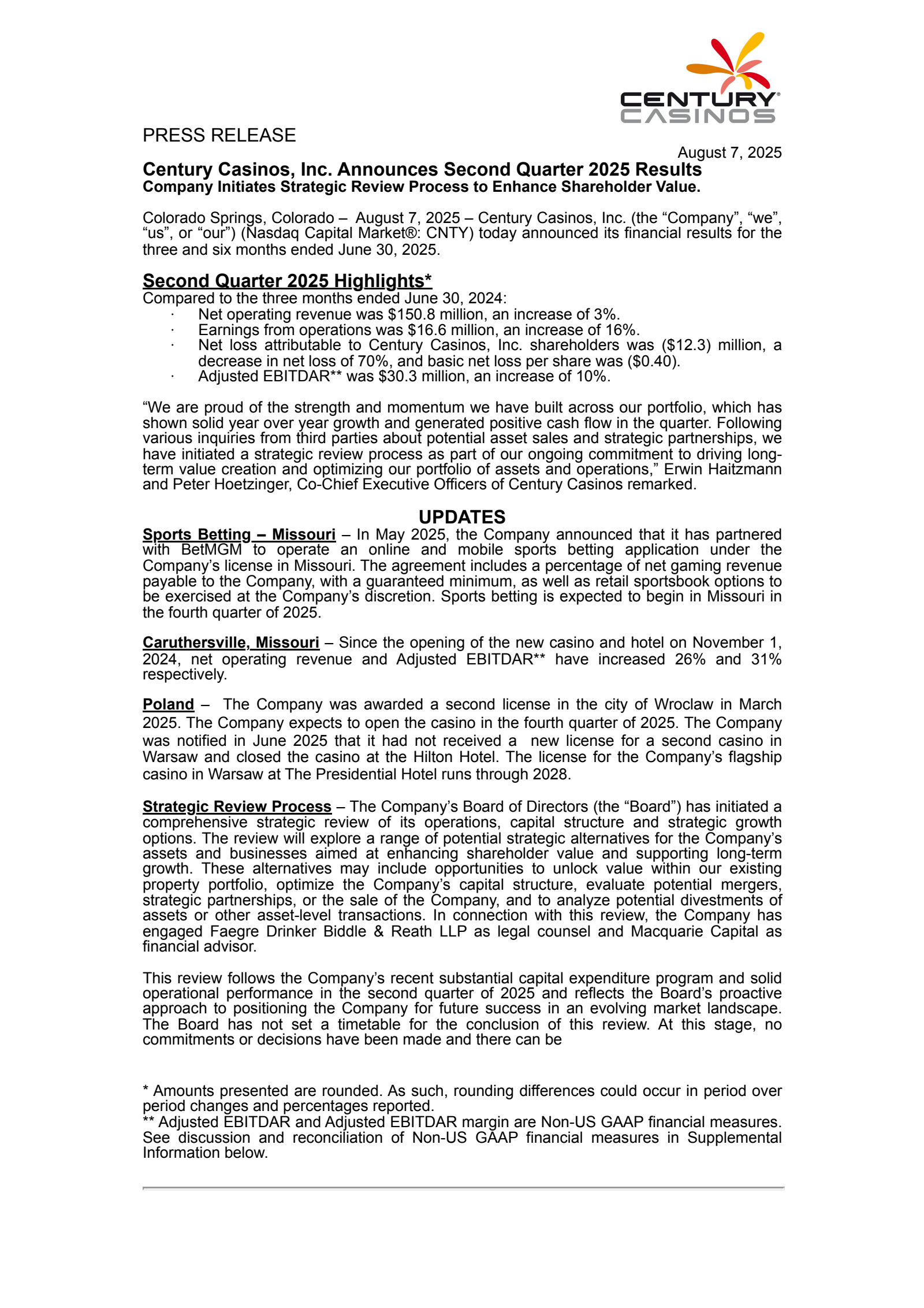 Century Casinos' Q2 2025 Press Release