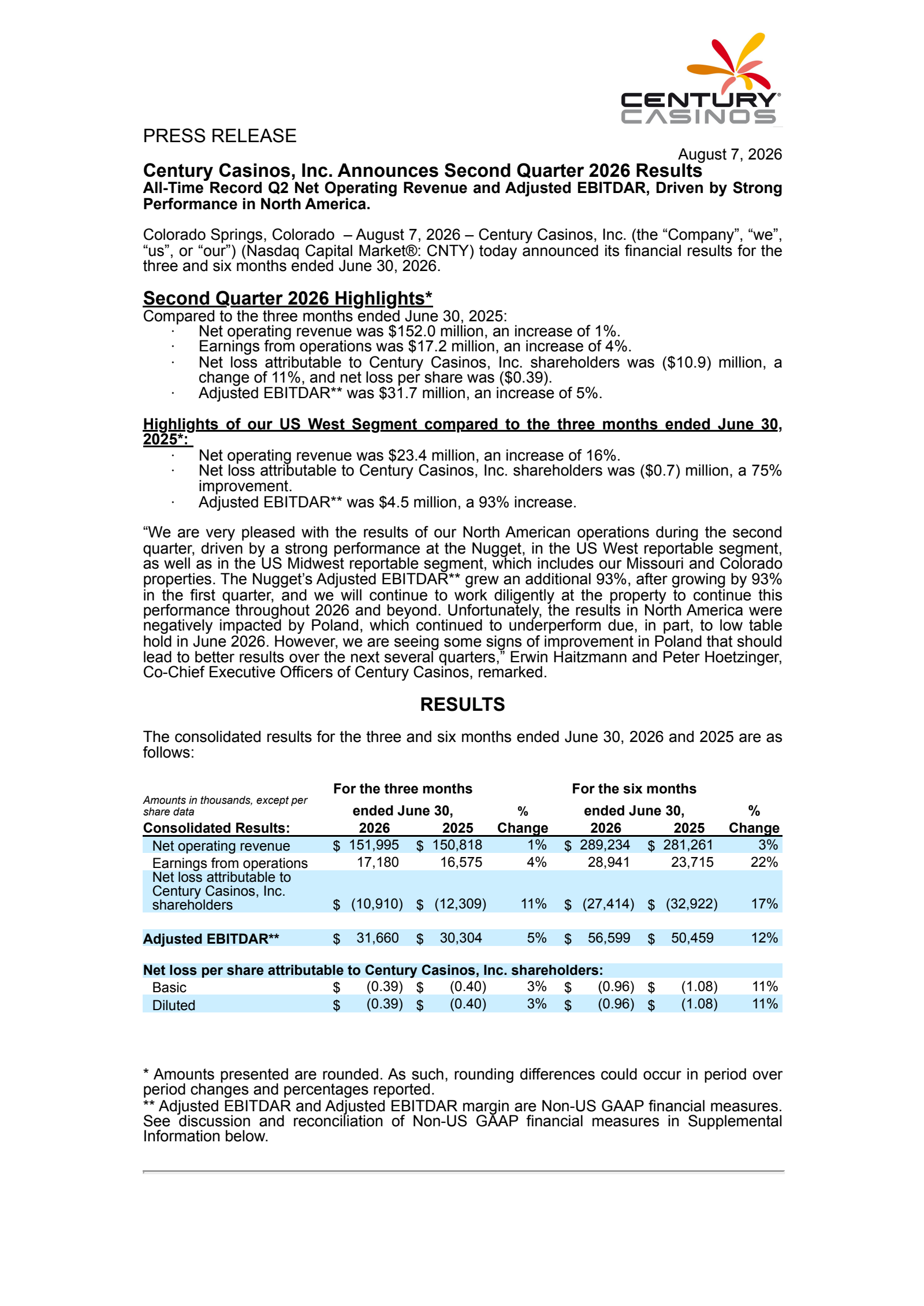 Century Casinos' Q2 2026 Press Release