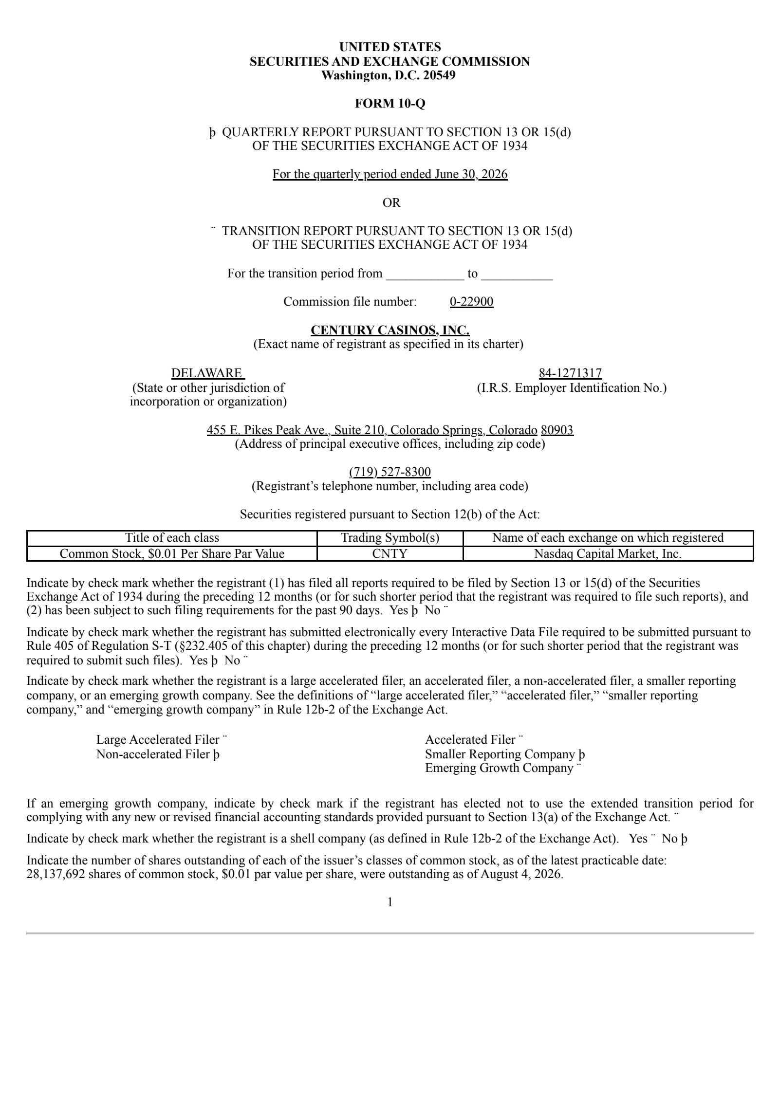 Century Casinos' Q2 2026 Quarterly report