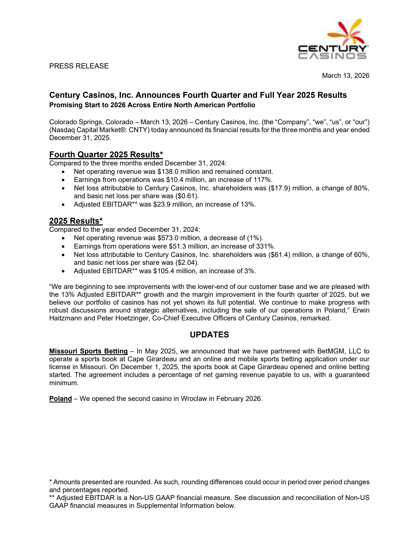 Century Casinos' Q4 2025 Press Release