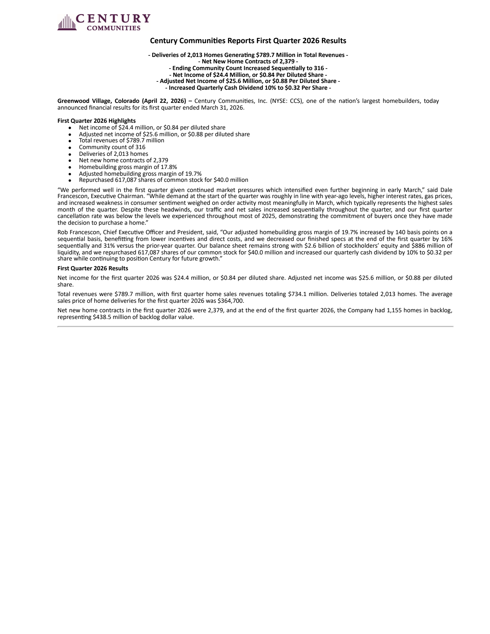 Century Communities' Q1 2026 Press Release