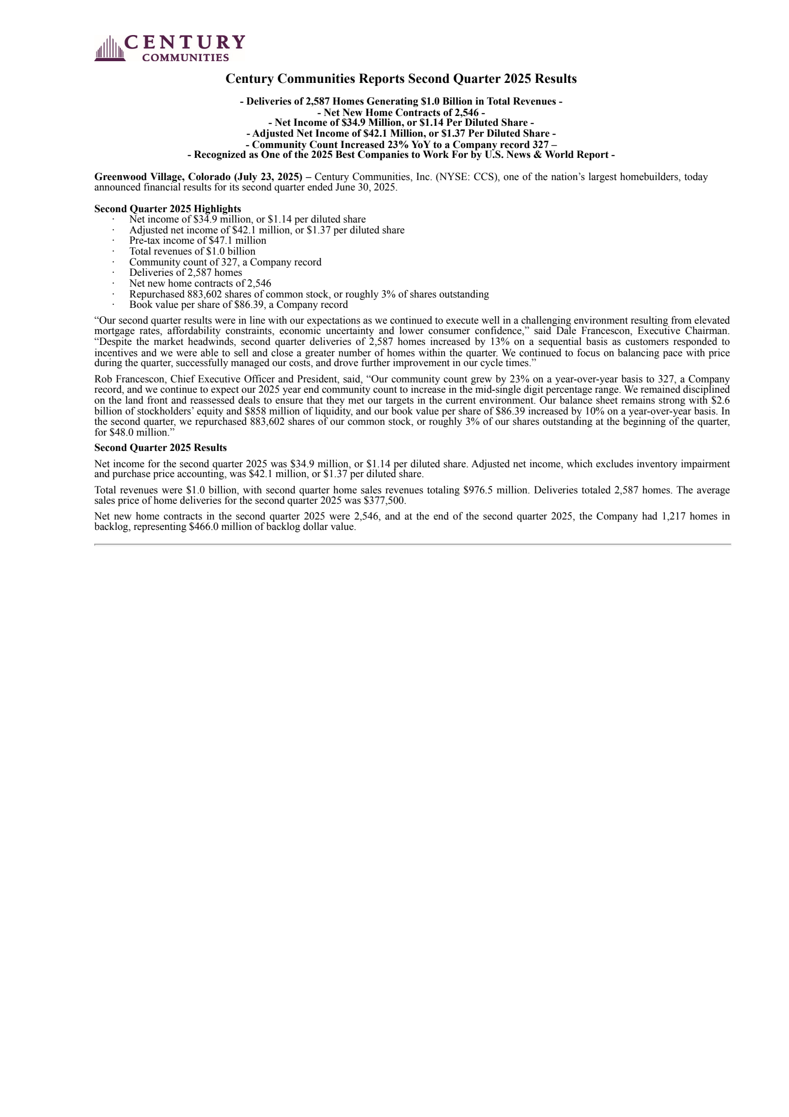 Century Communities' Q2 2025 Press Release