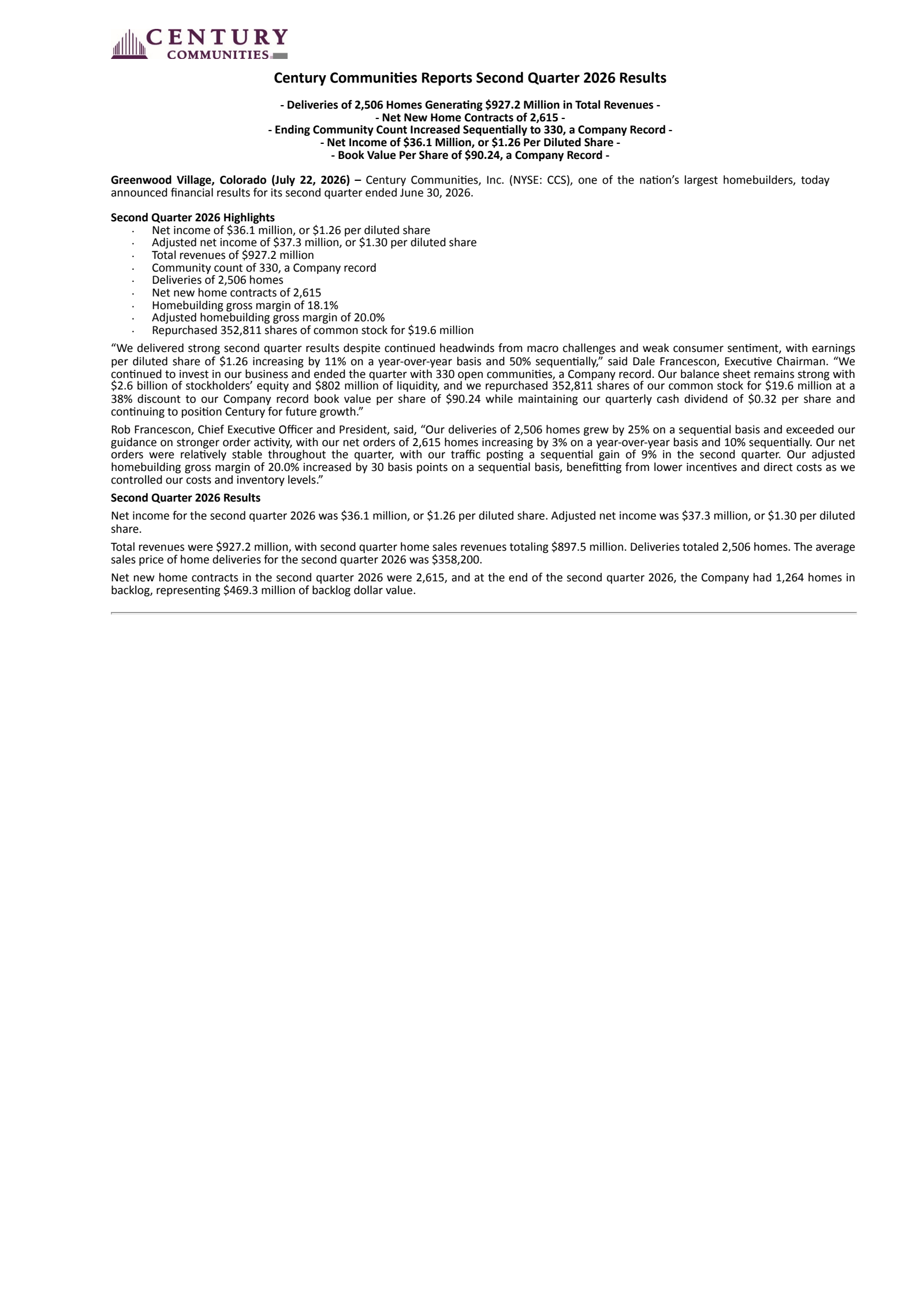 Century Communities' Q2 2026 Press Release