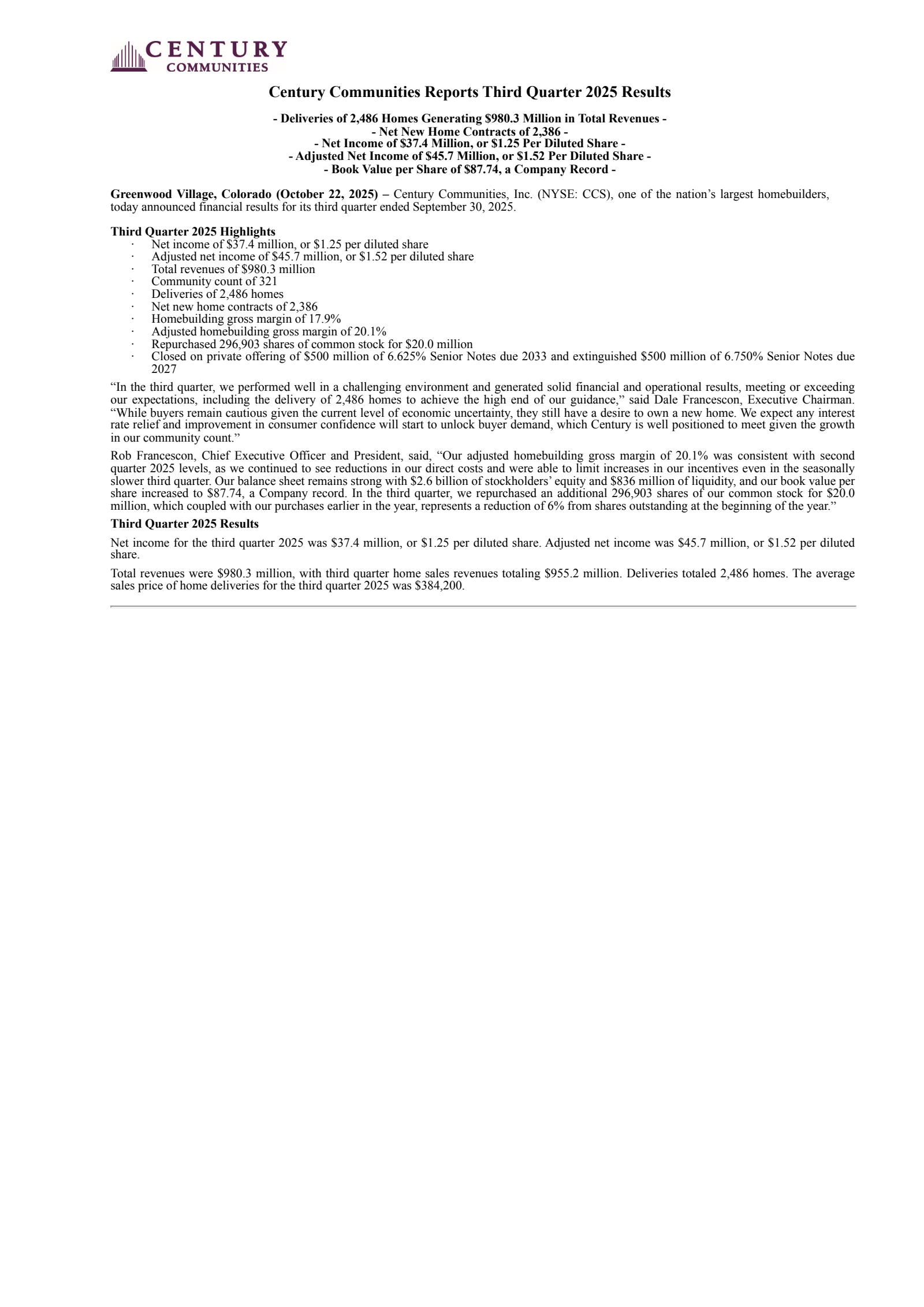 Century Communities' Q3 2025 Earnings Release