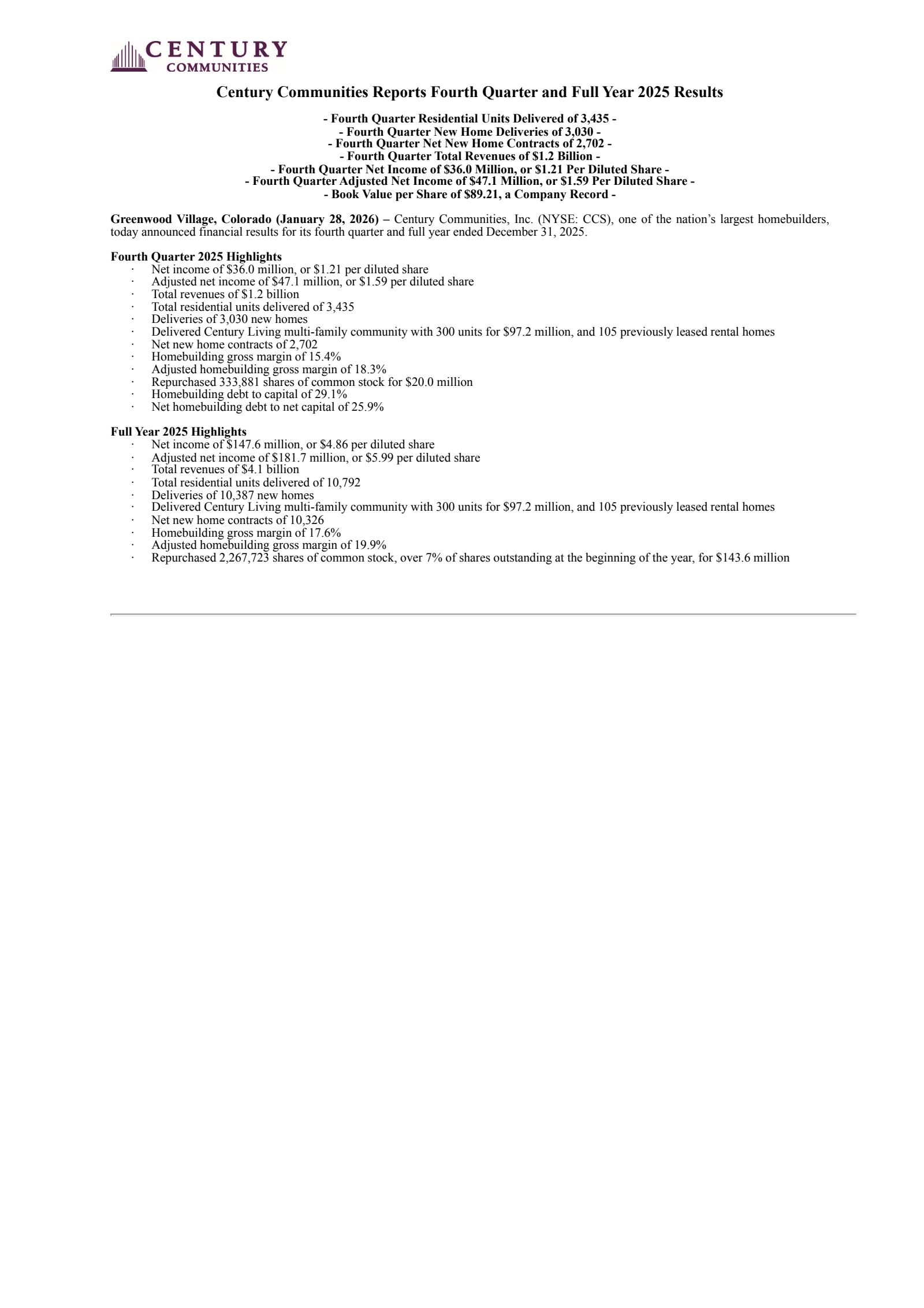 Century Communities' Q4 2025 Press Release
