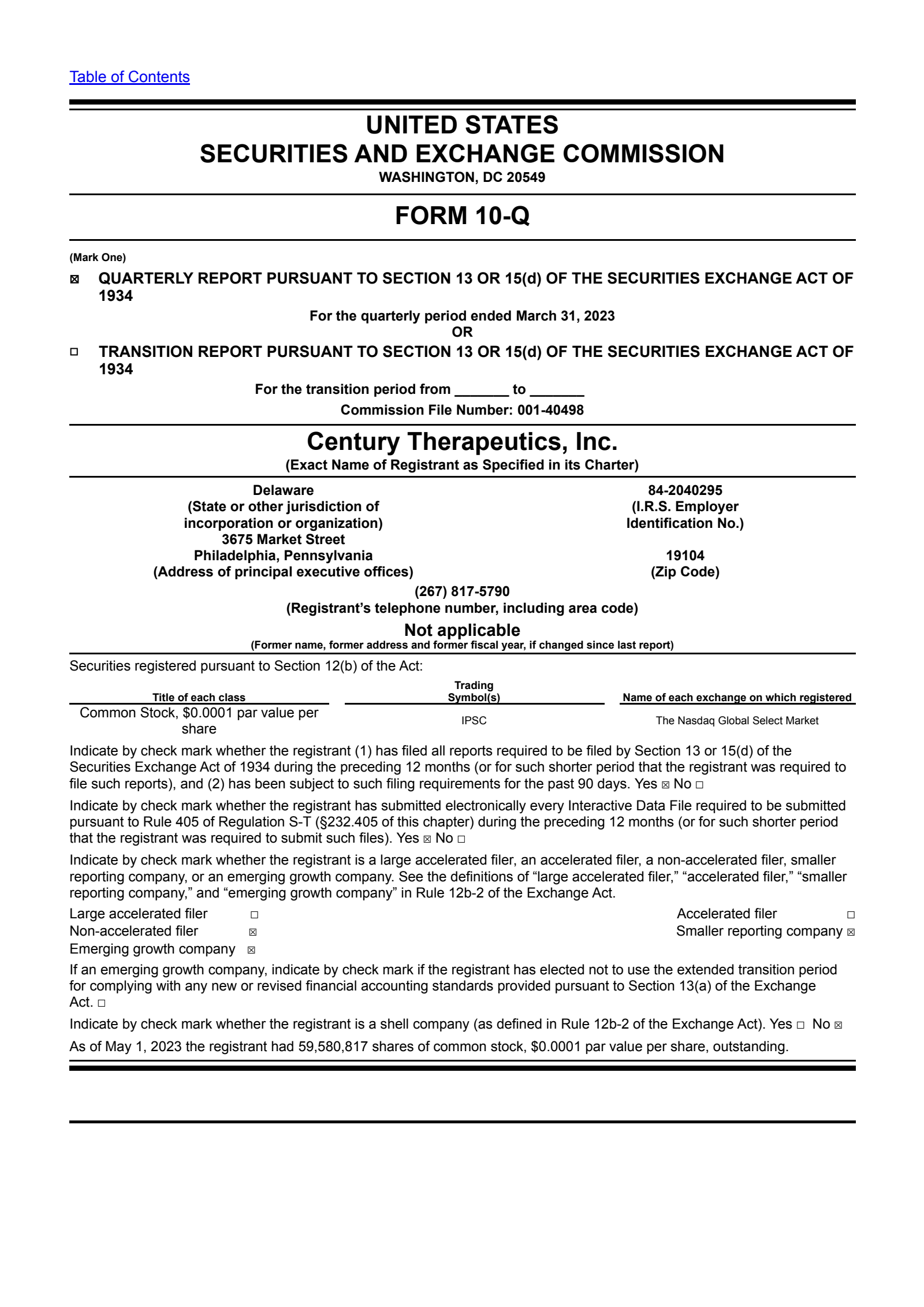 Century Therapeutics' Q1 2023 Quarterly report