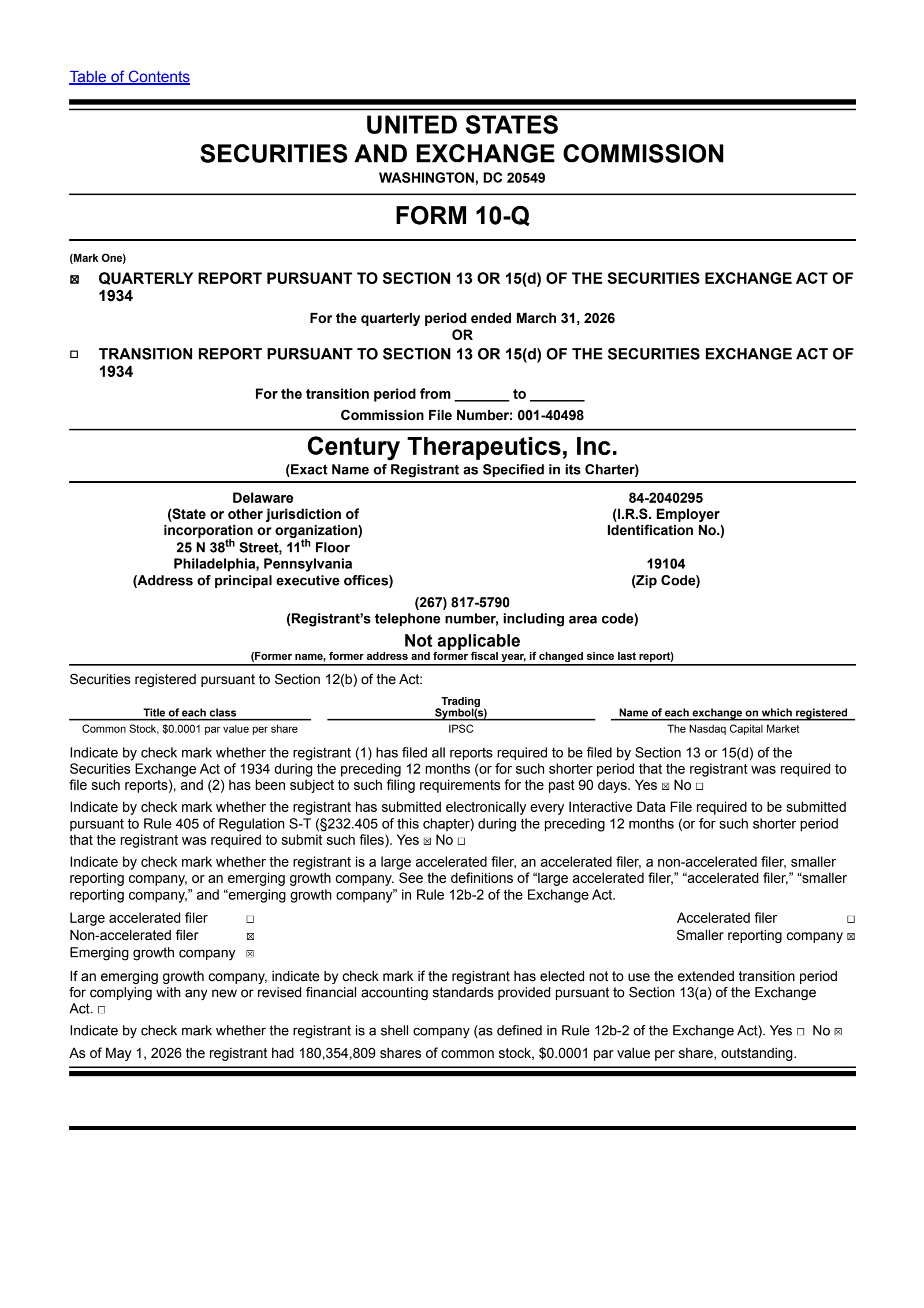 Century Therapeutics' Q1 2026 Quarterly report