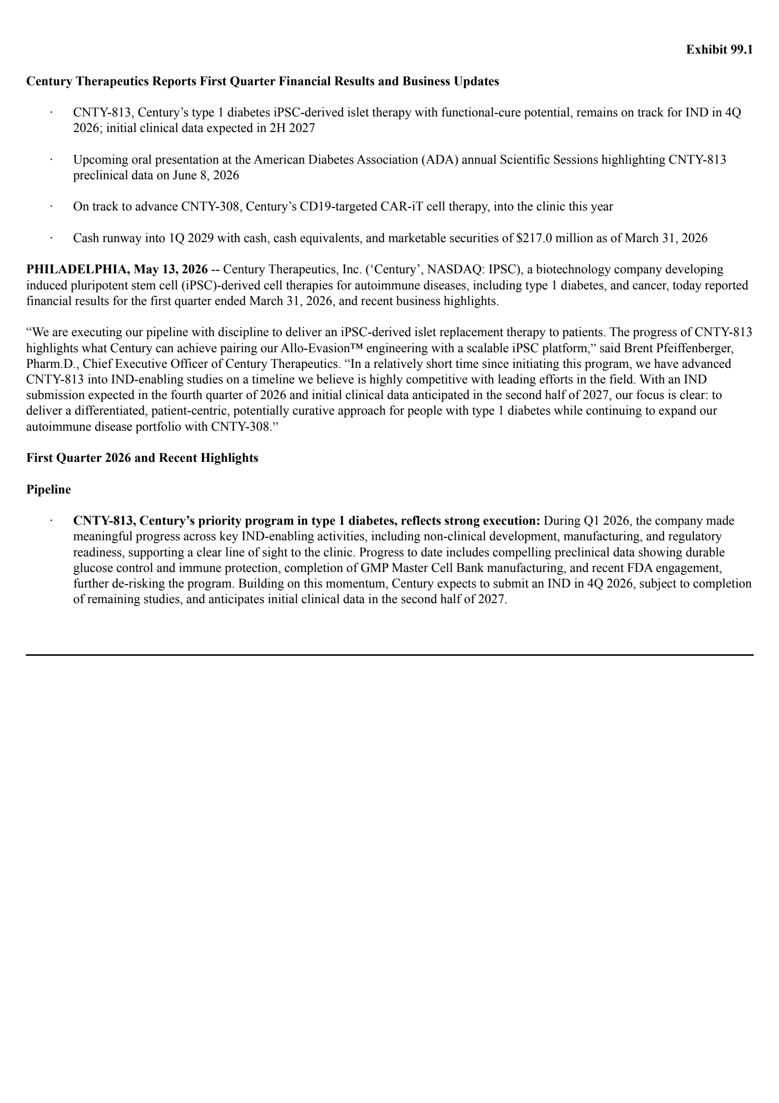 Century Therapeutics' Q1 2026 Press Release