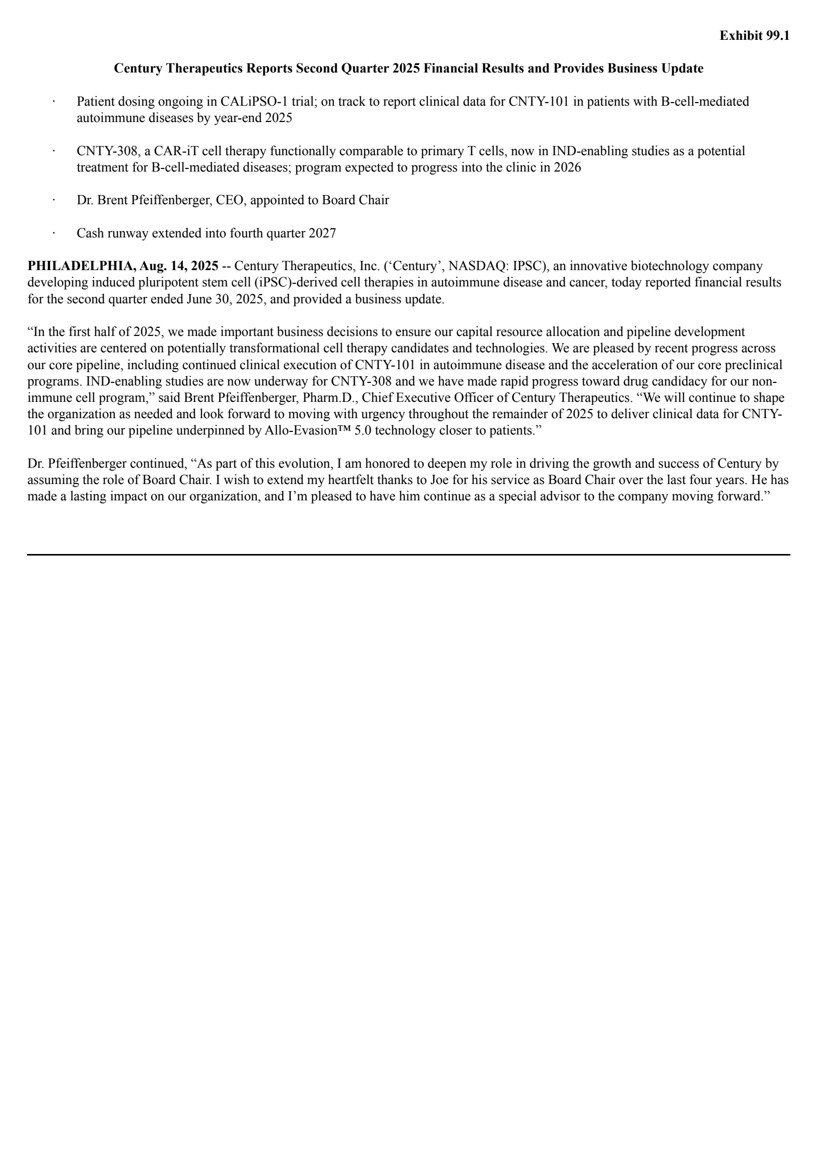 Century Therapeutics' Q2 2025 Press Release