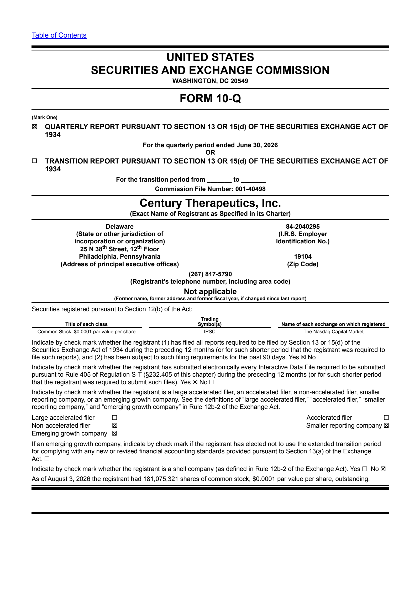 Century Therapeutics' Q2 2026 Quarterly report