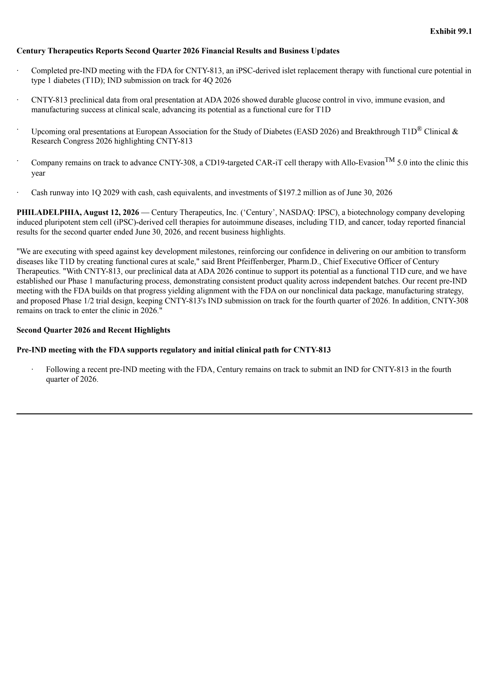Century Therapeutics' Q2 2026 Press Release