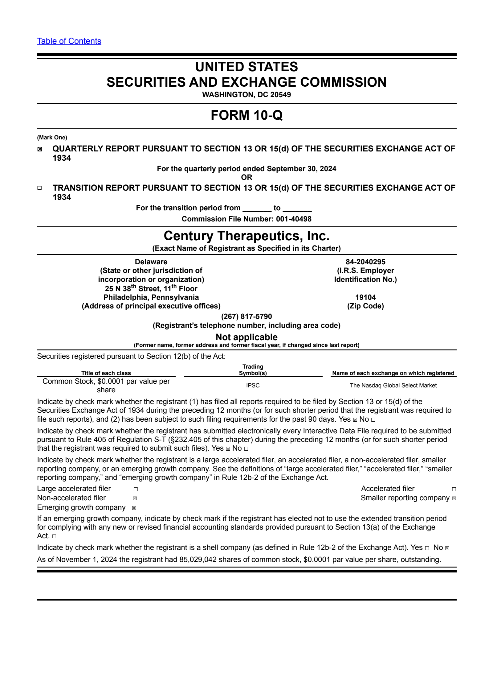 Century Therapeutics' Q3 2024 Quarterly report