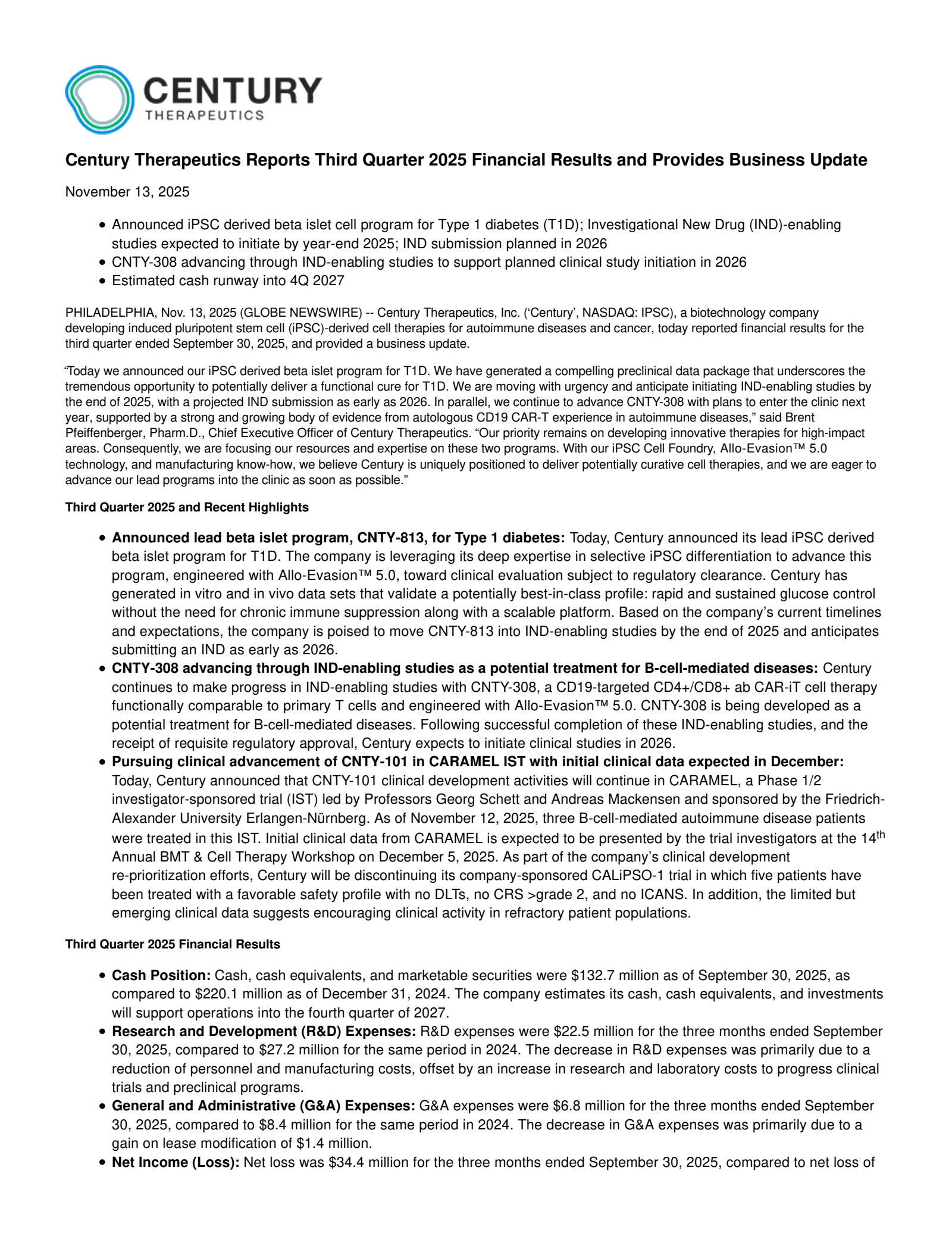 Century Therapeutics' Q3 2025 Earnings Release