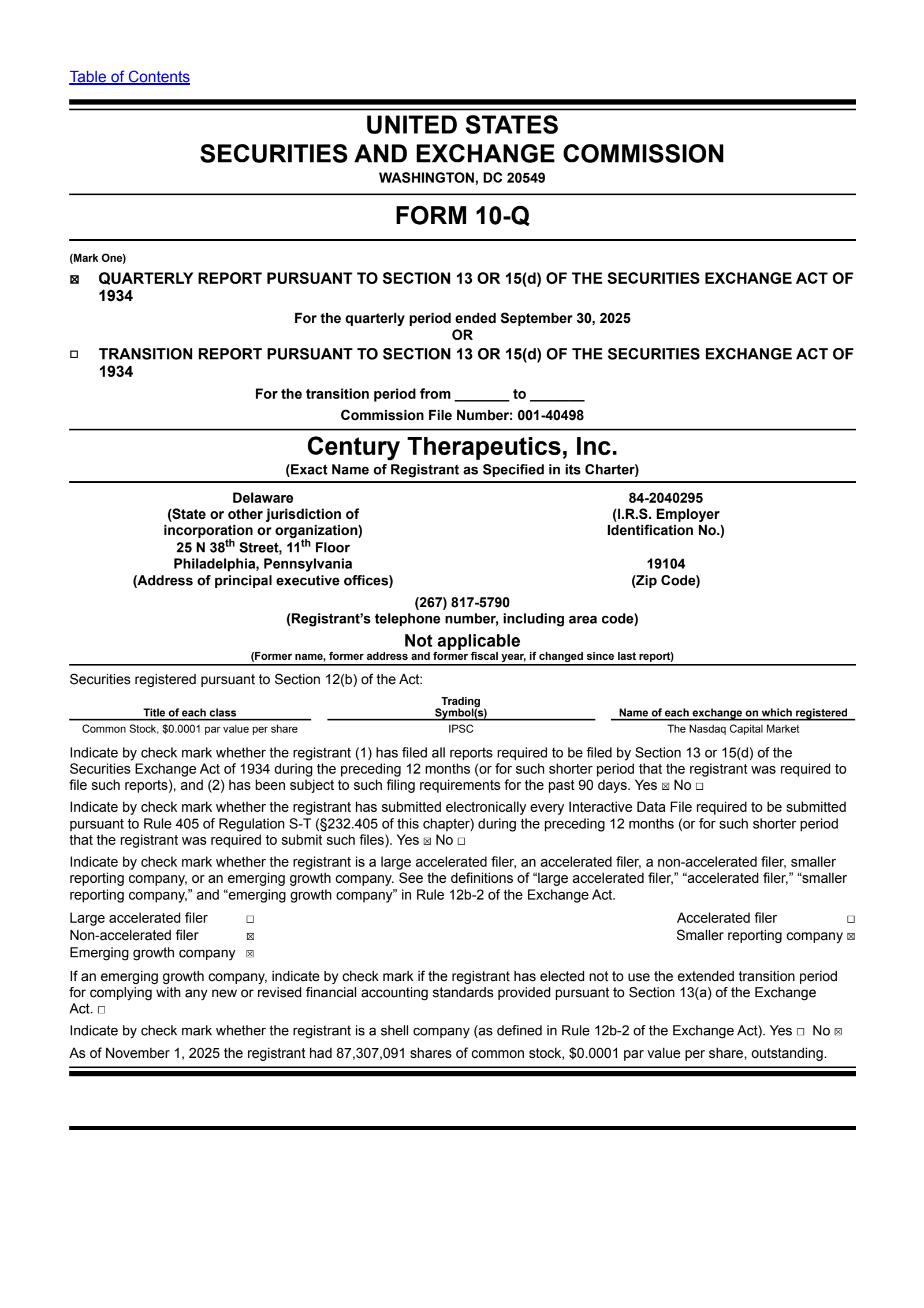 Century Therapeutics' Q3 2025 Quarterly Report