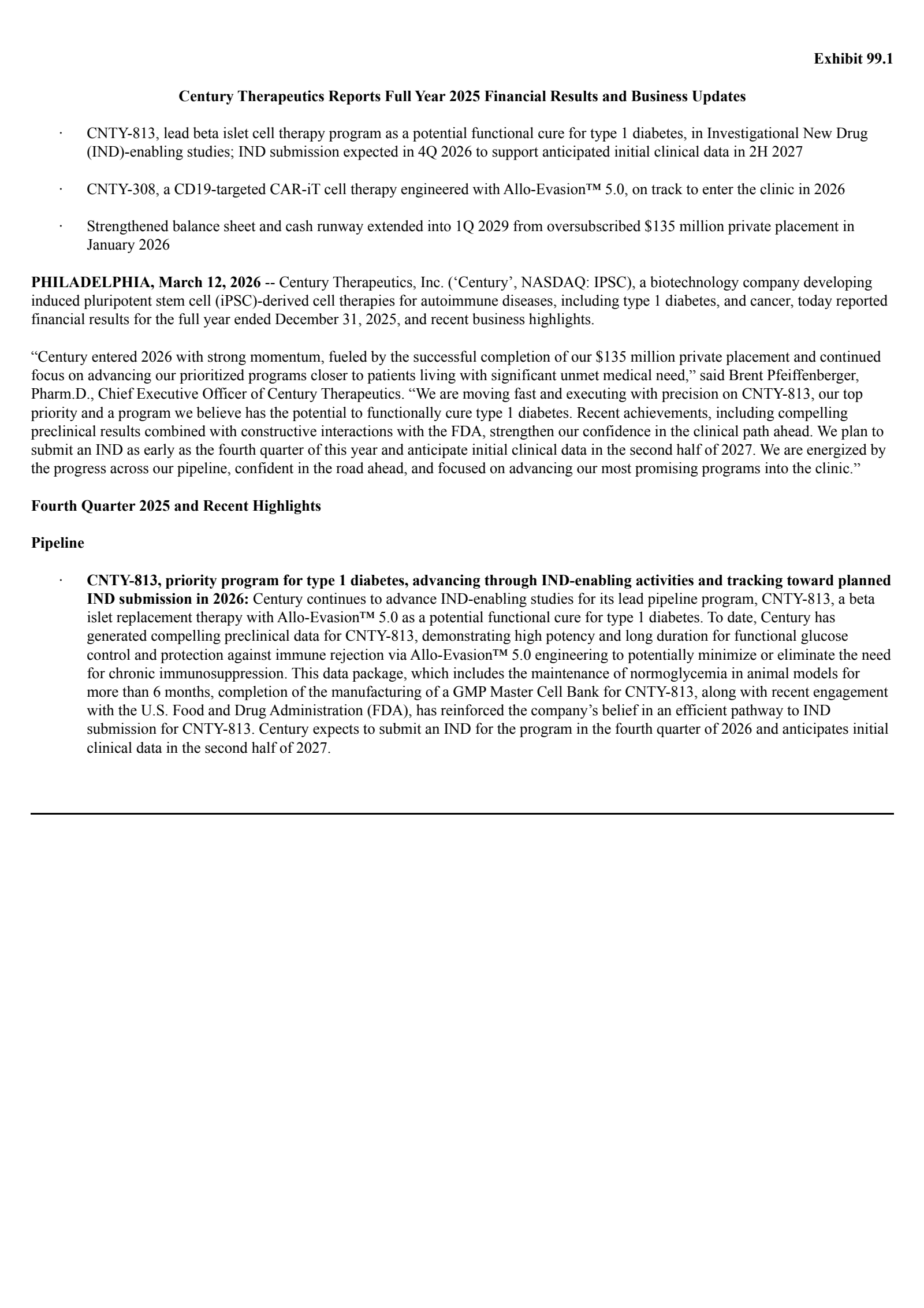 Century Therapeutics' Q4 2025 Press Release
