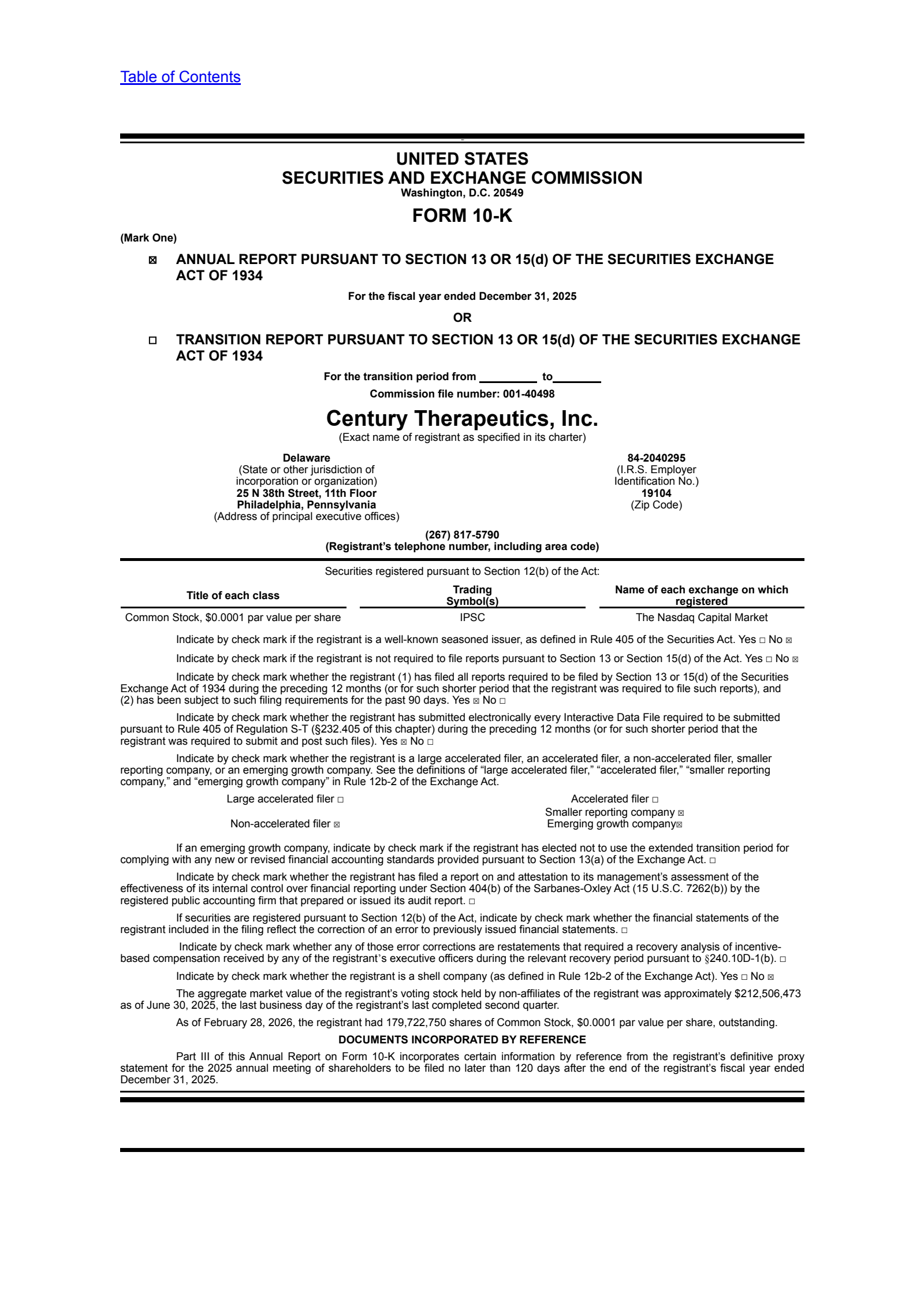Century Therapeutics' Q4 2025 Annual report