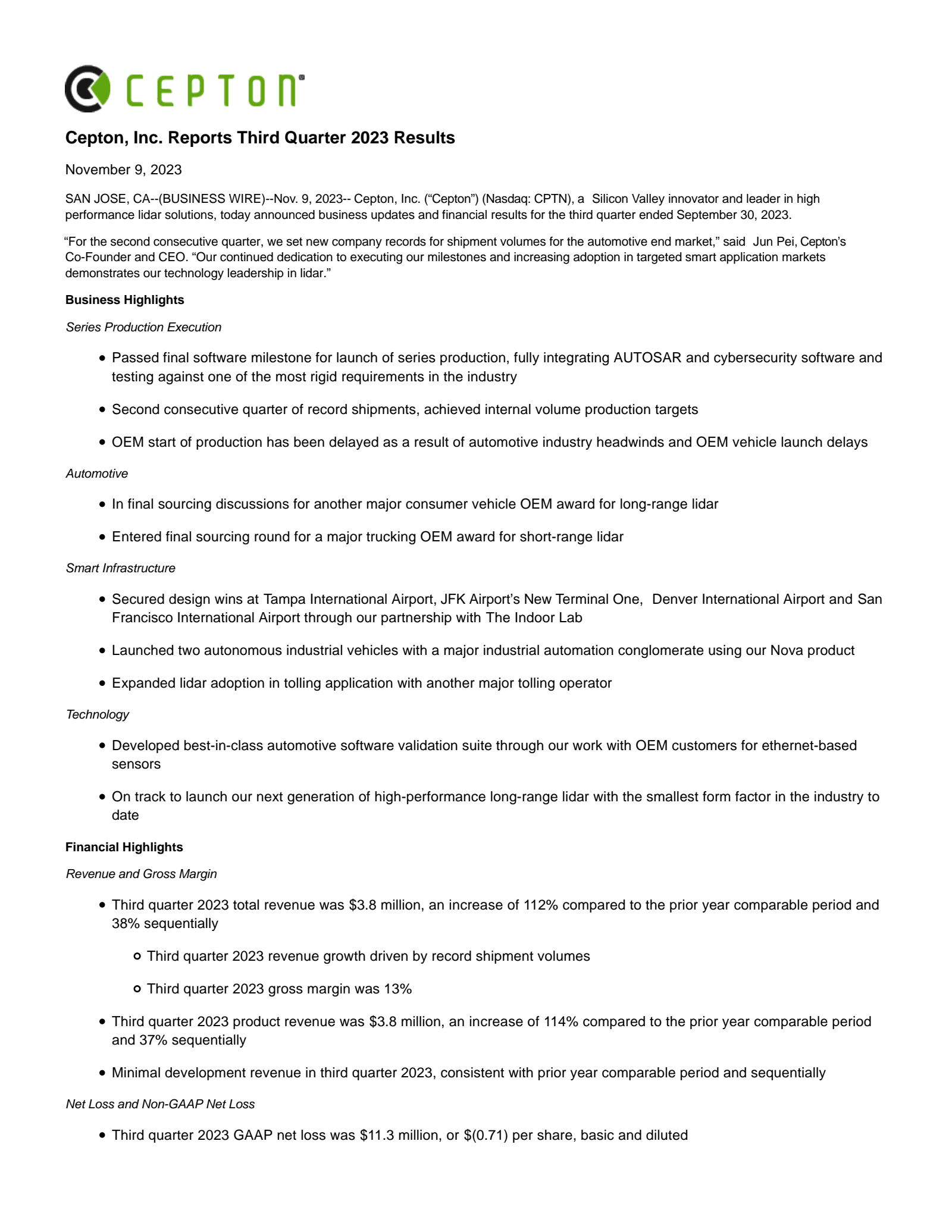 Cepton's Q3 2023 Press Release