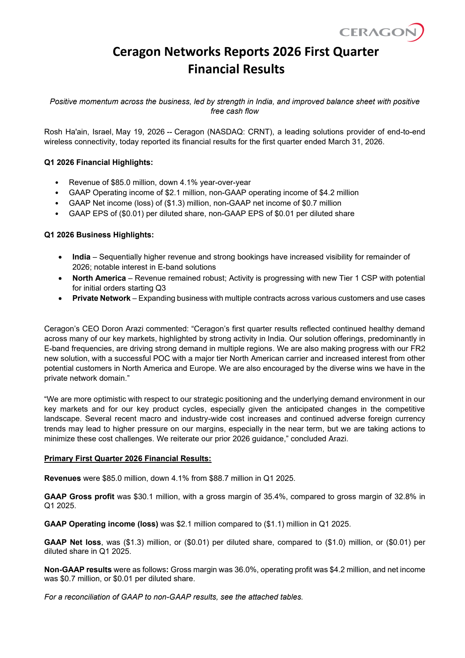 Ceragon Networks' Q1 2026 Press Release