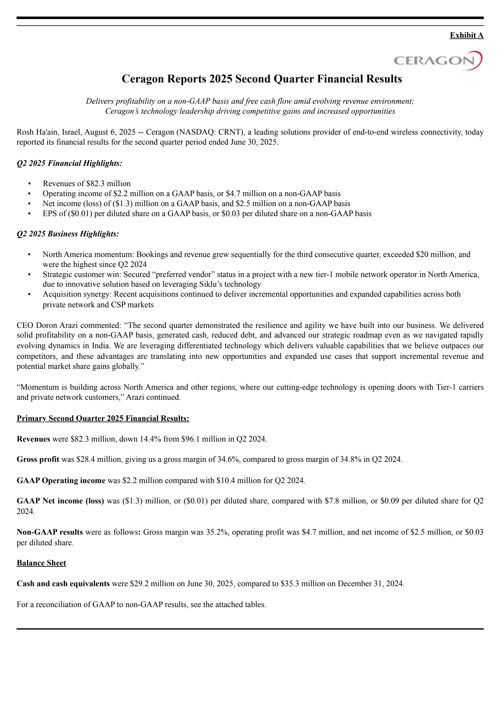 Ceragon Networks' Q2 2025 Press Release